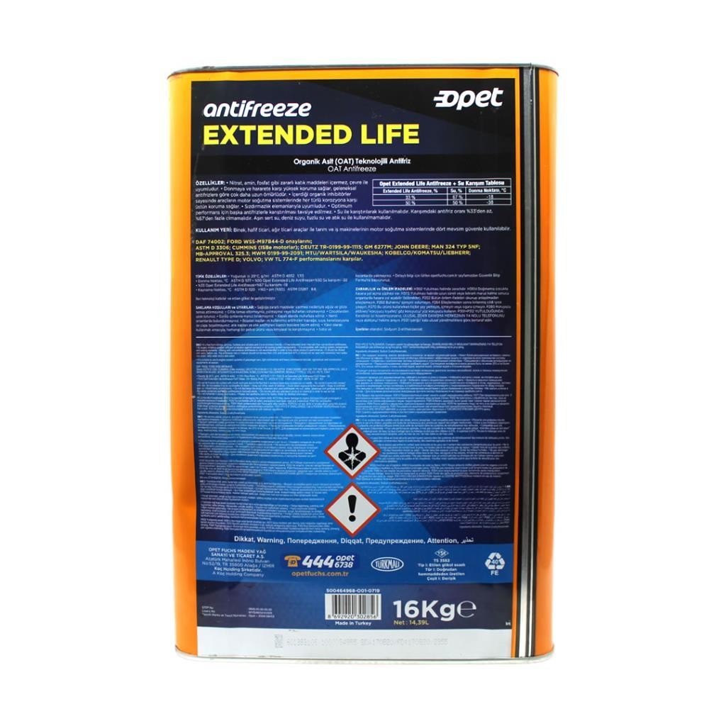 Opet Antifriz Extended Life 16 Kg Turuncu Antifiriz