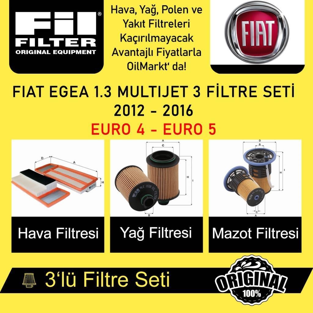 Fiat EGEA 1.3 MultiJet (2012 - 16) (Euro 5) 3'lü Fil Filtre Seti
