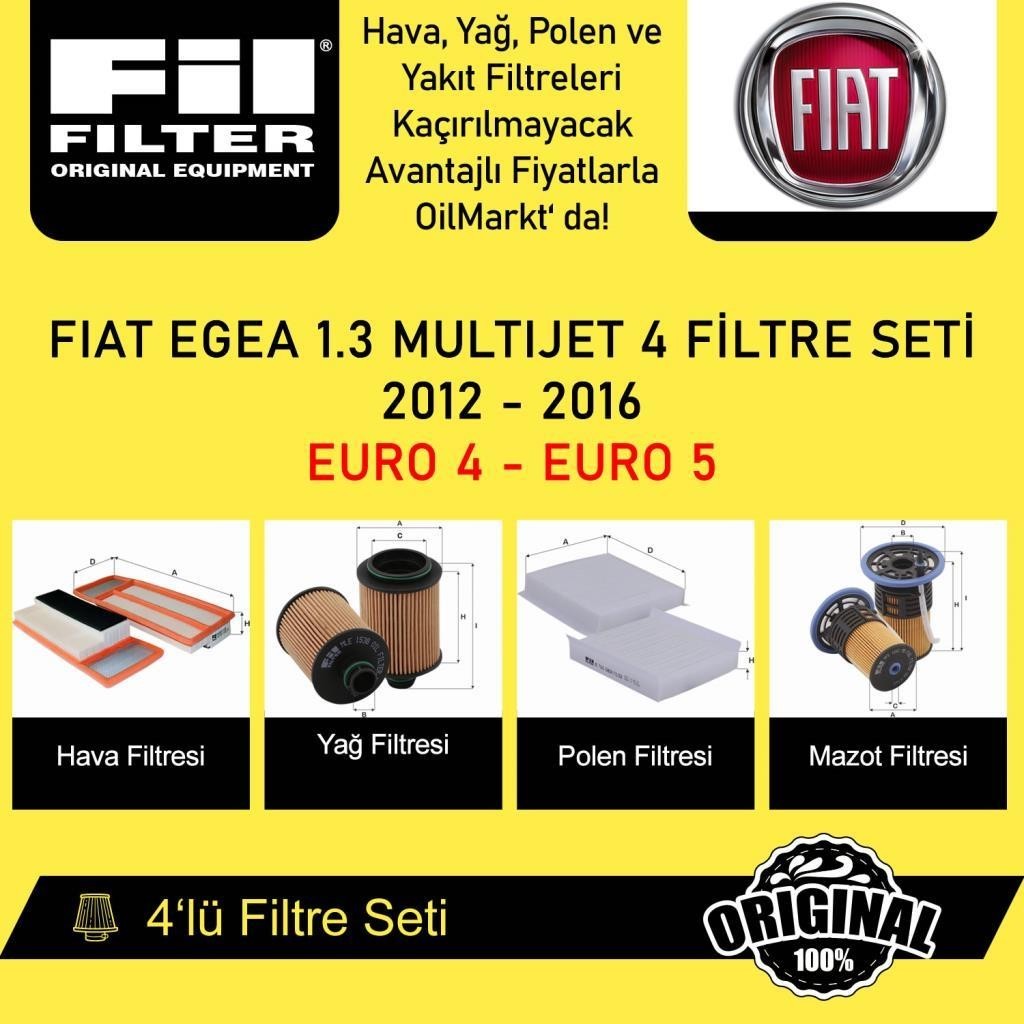 Fiat EGEA 1.3 MultiJet (2012 - 16) (Euro 5) 4'lü Fil Filtre Seti