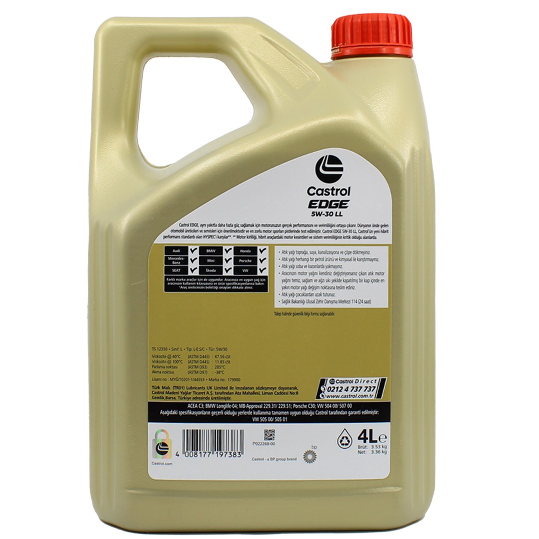 Castrol Edge 5W30 LL 4 Lt Tam Sentetik Partiküllü Motor Yağı