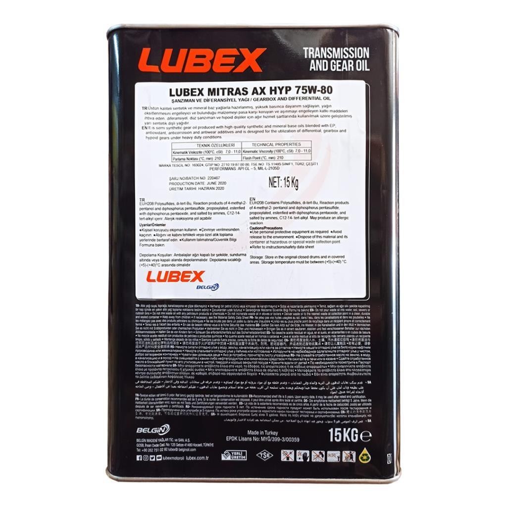 Lubex Mitras AX HYP 75W80 15 Kg Şanzıman Yağı
