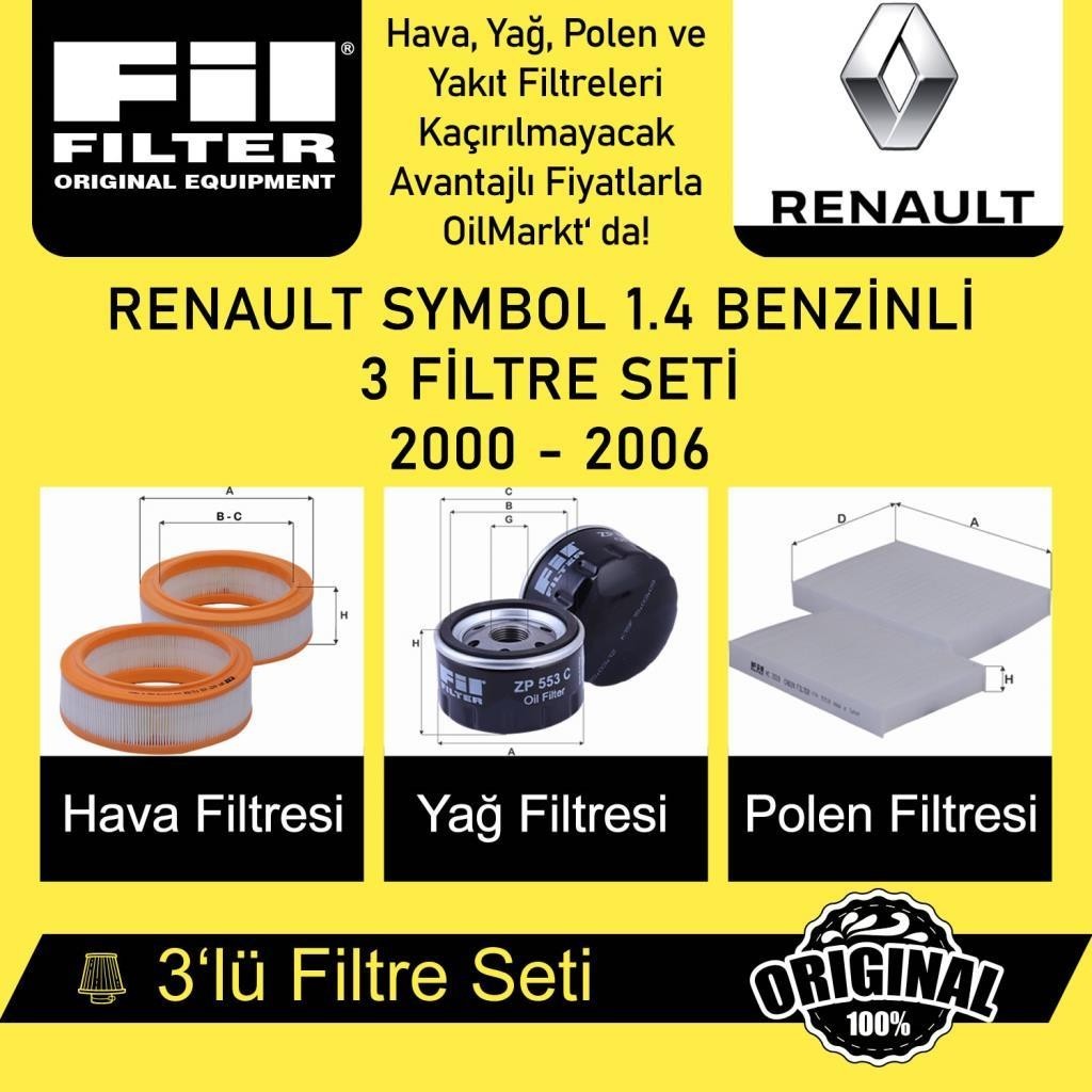 Renault Symbol 1.4 Benzinli (2000 - 06) 3'lü Fil Filtre Seti