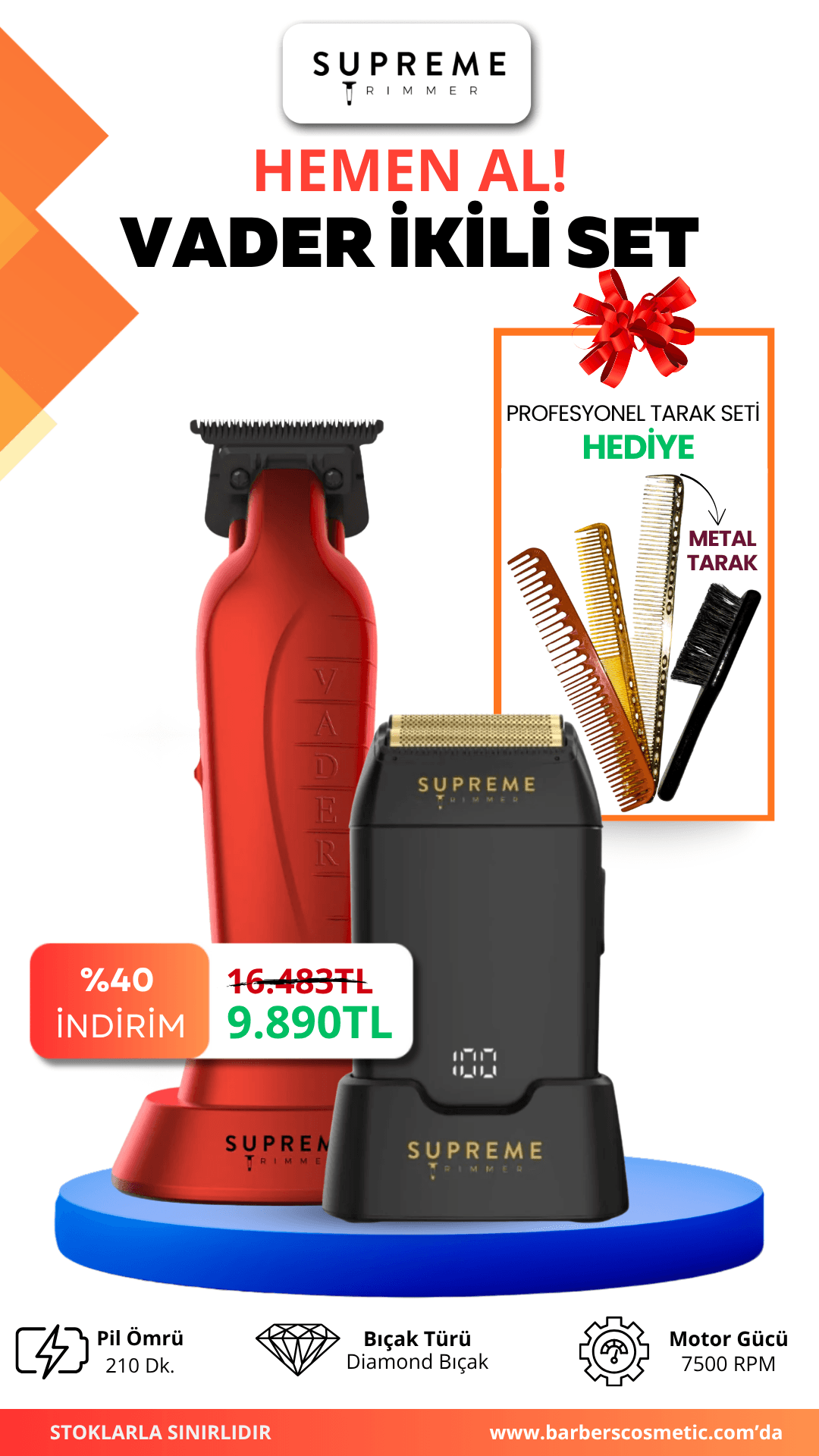 Supreme Trimmer Vader İkili Set – Trimmer & Crunch Tıraş Makinesi, 210 dk Pil, Diamond Bıçak