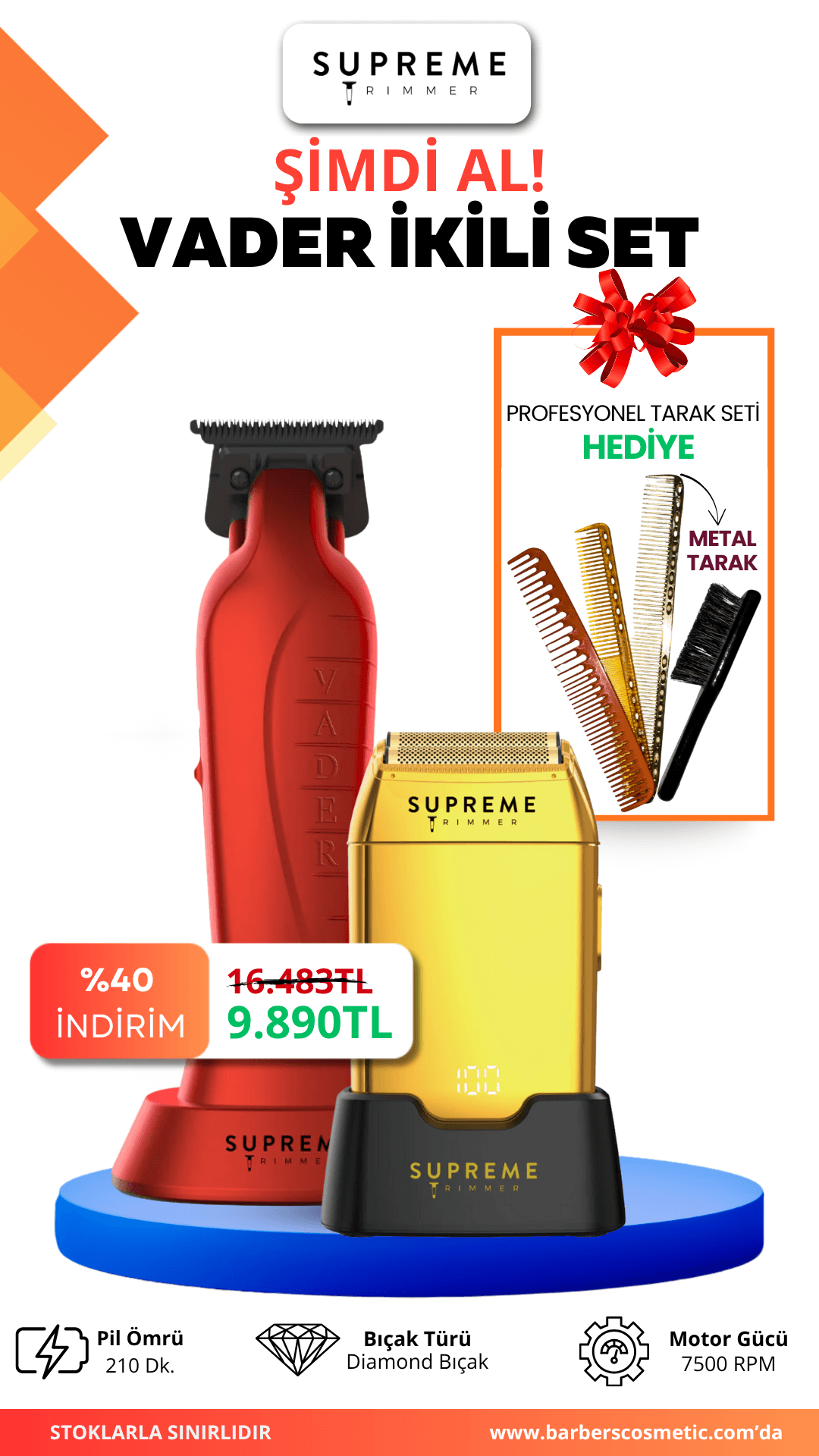 Supreme Trimmer Vader İkili Set – Trimmer & Crunch Tıraş Makinesi, 210 dk Pil, Diamond Bıçak