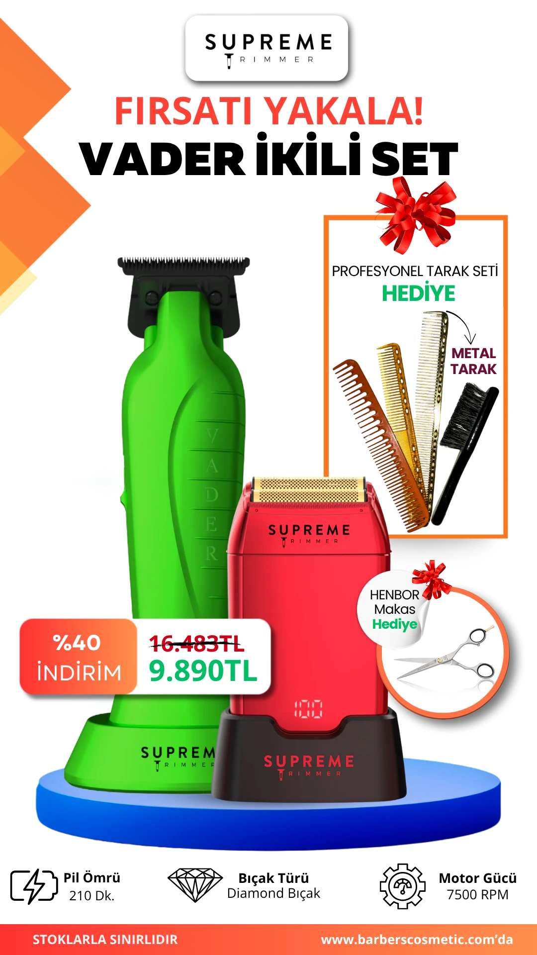 Supreme Trimmer Vader İkili Set + Tarak Seti & Henbor Makas Hediyeli – Trimmer & Crunch Tıraş Makinesi, 210 dk Pil, Diamond Bıçak