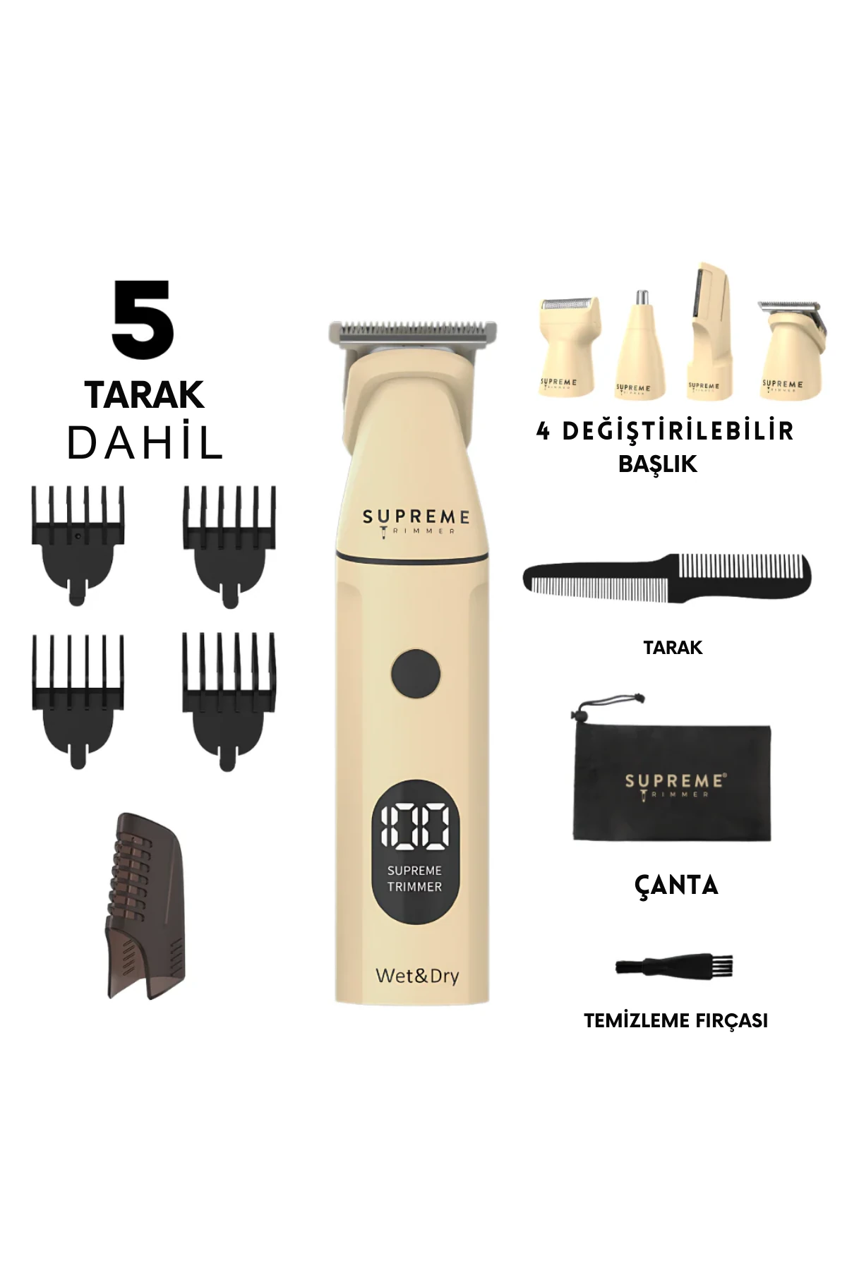 Supreme Trimmer Multigroomer 4.0 Islak/Kuru 14 Parça Set Tıraş Makinesi – Saç Sakal Yüz Vücut Burun Kulak Tıraş Makinesi 4 Manyetik Başlık, Pil Ekranı, Seyahat Kilidi