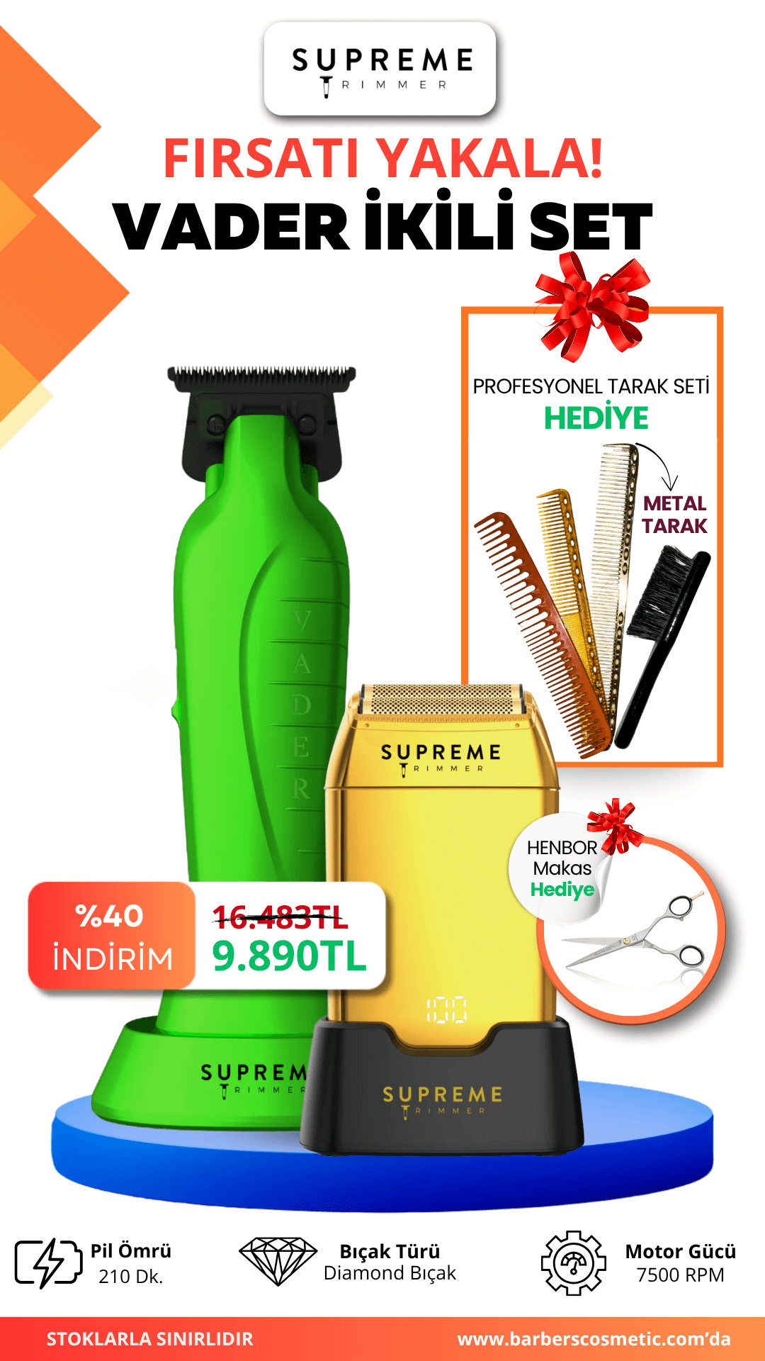 Supreme Trimmer Vader İkili Set + Tarak Seti & Henbor Makas Hediyeli – Trimmer & Crunch Tıraş Makinesi, 210 dk Pil, Diamond Bıçak