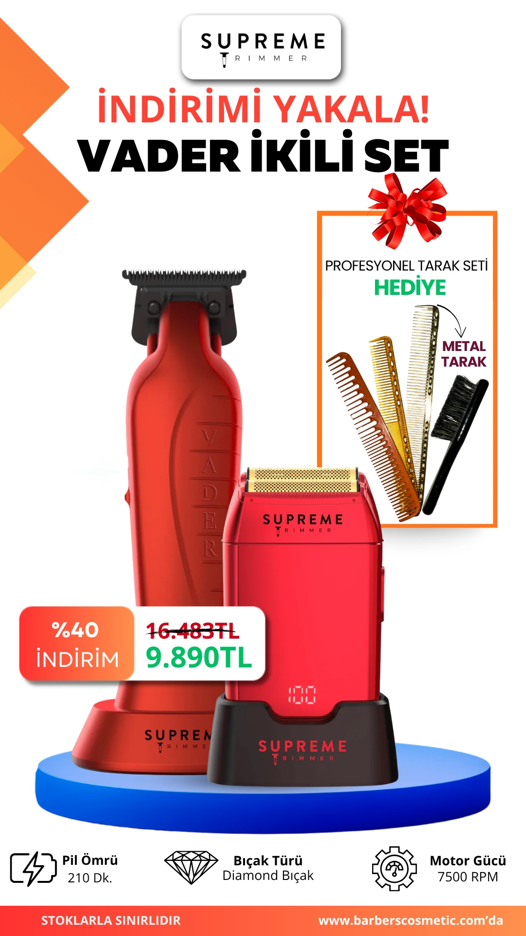 Supreme Trimmer Vader İkili Set – Trimmer & Crunch Tıraş Makinesi, 210 dk Pil, Diamond Bıçak & Tarak Seti Hediyeli