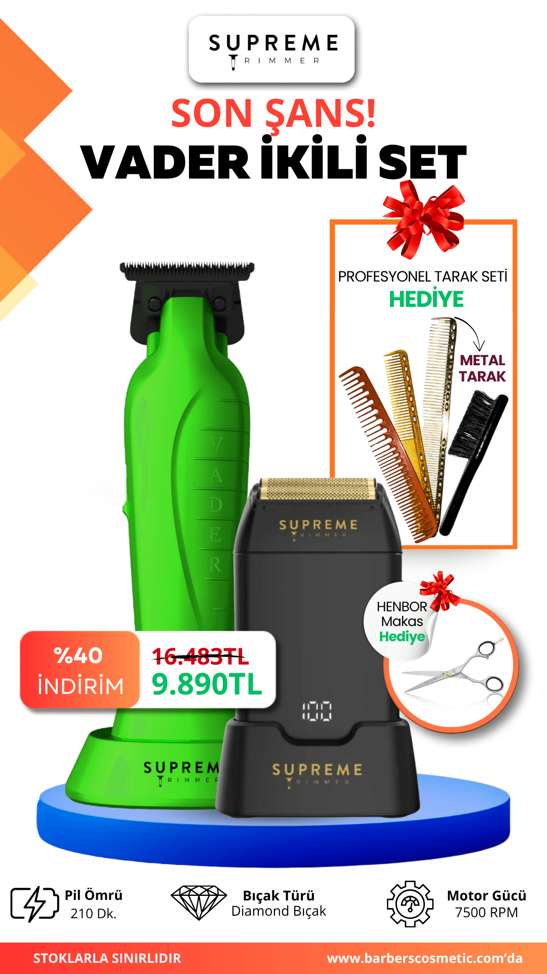 Supreme Trimmer Vader İkili Set + Tarak Seti & Henbor Makas Hediyeli – Trimmer & Crunch Tıraş Makinesi, 210 dk Pil, Diamond Bıçak