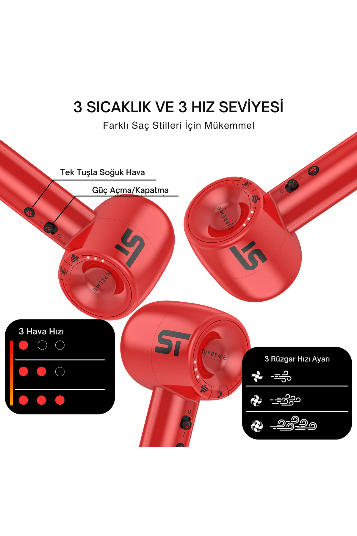 Supreme Trimmer Kırmızı Saç Kurutma Makinesi – 3 Isı 3 Hız Ayarı