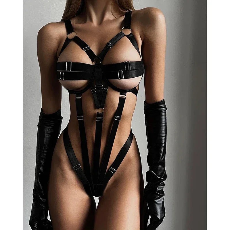 Kadın Siyah Bordo Jartiyer Body | Strappy Ayarlanabilir Tokalı Tek Parça İç Giyim
