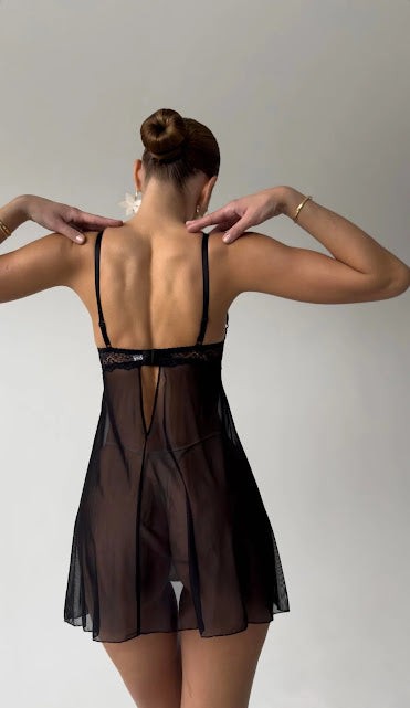 Kurdele Detaylı Transparan Babydoll Gecelik | Siyah & Kırmızı Renk Seçenekli - Seksi ve Şık