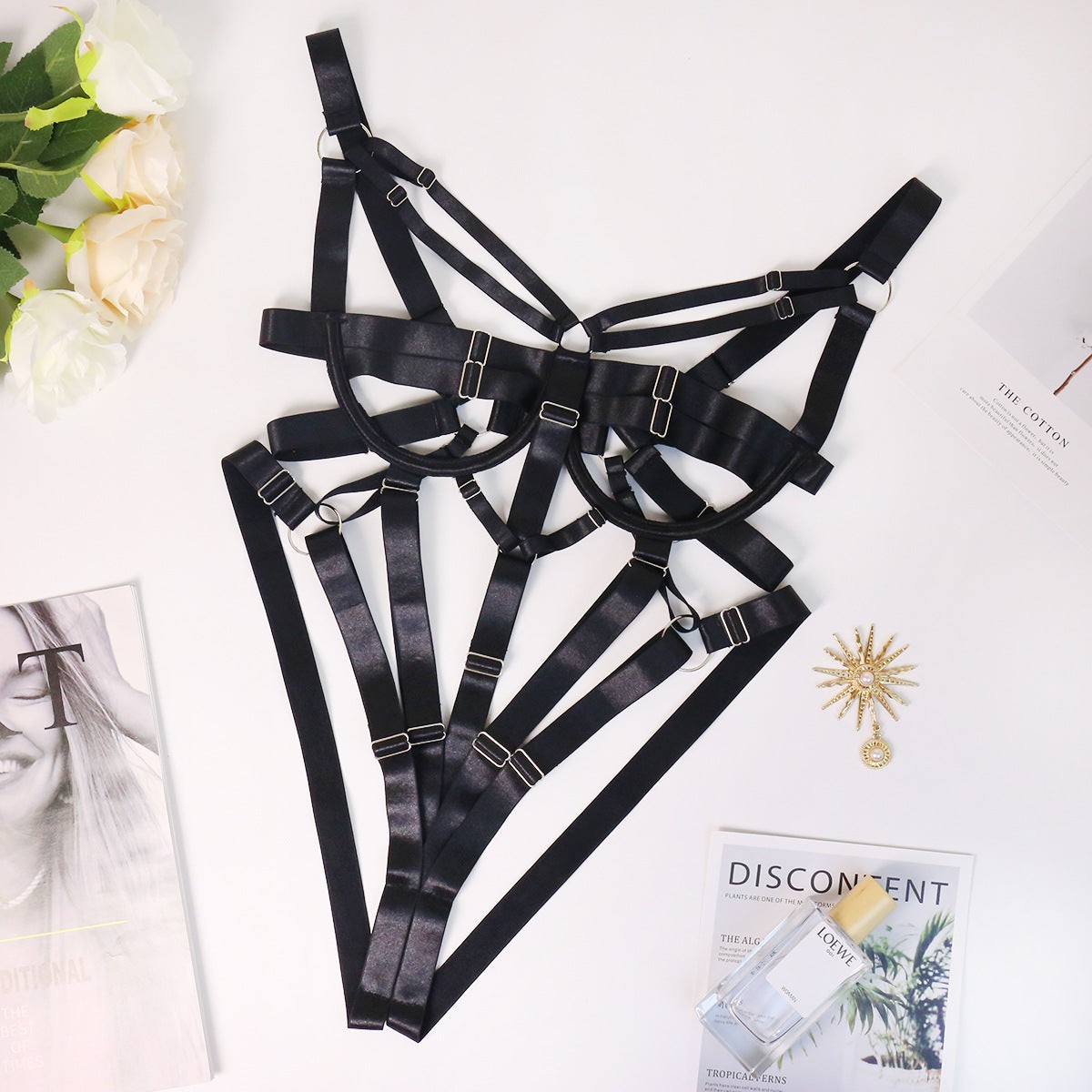 Kadın Siyah Bordo Jartiyer Body | Strappy Ayarlanabilir Tokalı Tek Parça İç Giyim