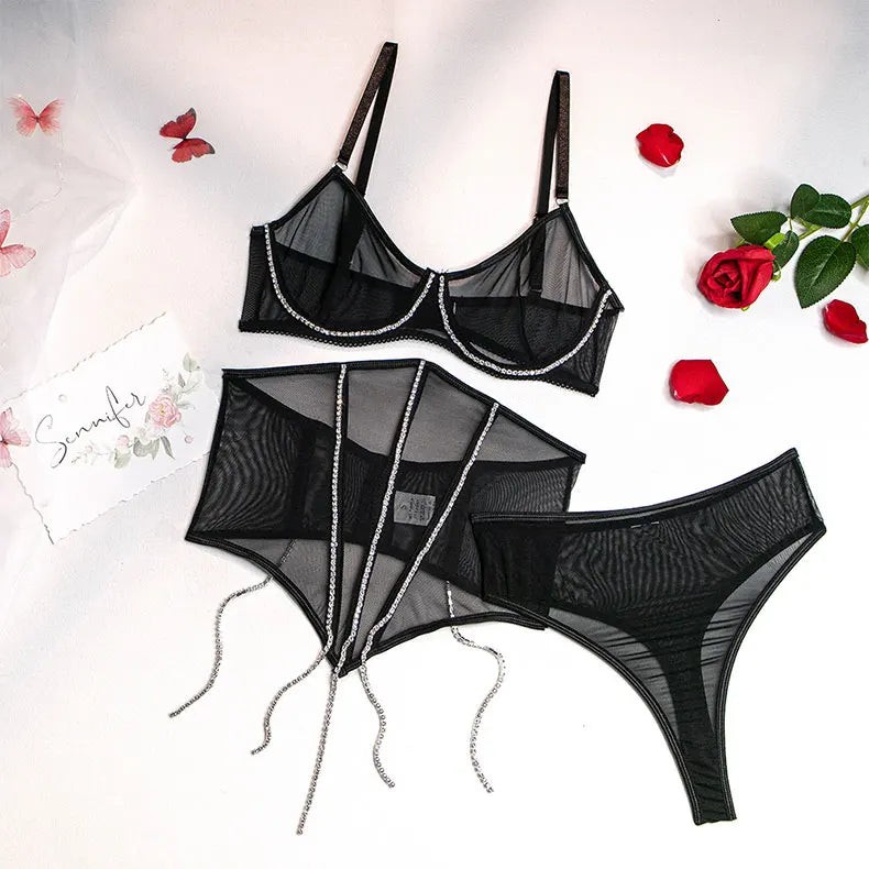 Kadın Siyah Transparan Bodysuit | Taşlı Şeritli, Strappy Detaylı Seksi İç Giyim