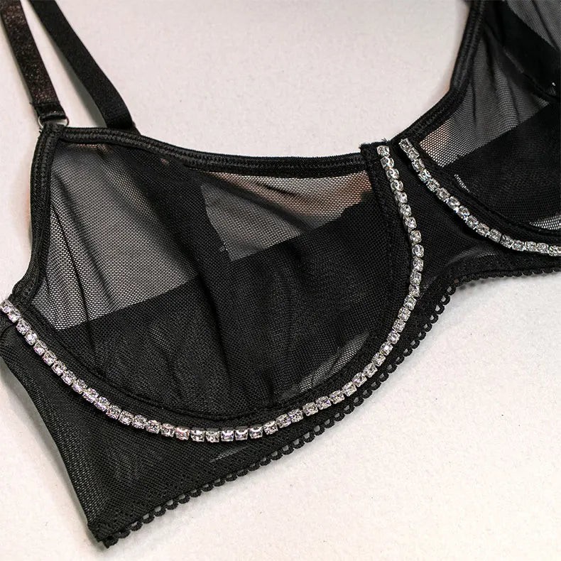 Kadın Siyah Transparan Bodysuit | Taşlı Şeritli, Strappy Detaylı Seksi İç Giyim