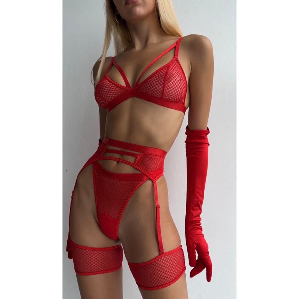 Siyah File Jartiyer Takımı | 3'lü Seksi İç Giyim Seti - Sütyen, Külot, Jartiyer