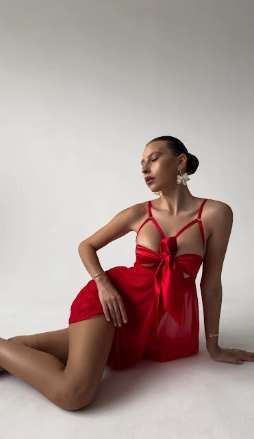 Kurdele Detaylı Transparan Babydoll Gecelik | Siyah & Kırmızı Renk Seçenekli - Seksi ve Şık