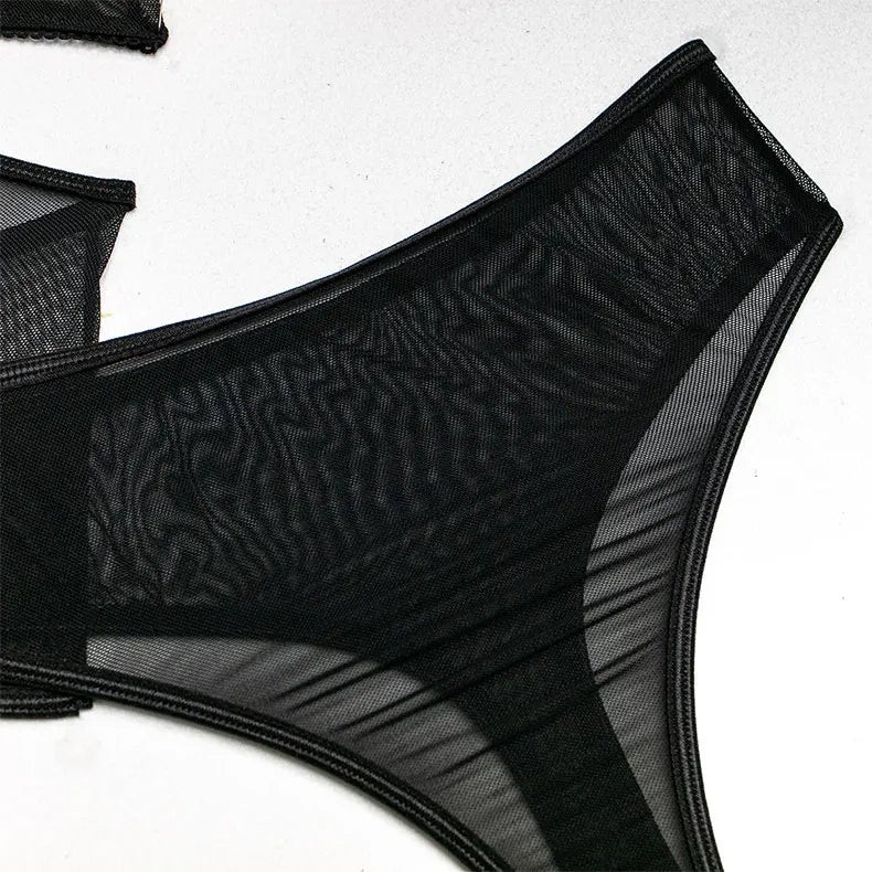 Kadın Siyah Transparan Bodysuit | Taşlı Şeritli, Strappy Detaylı Seksi İç Giyim