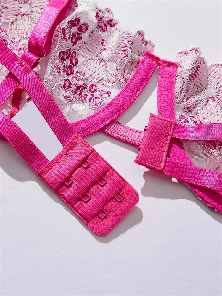 Çiçek Nakışlı Transparan Bra Set | Strappy Askılı Sütyen ve Tanga Takımı 