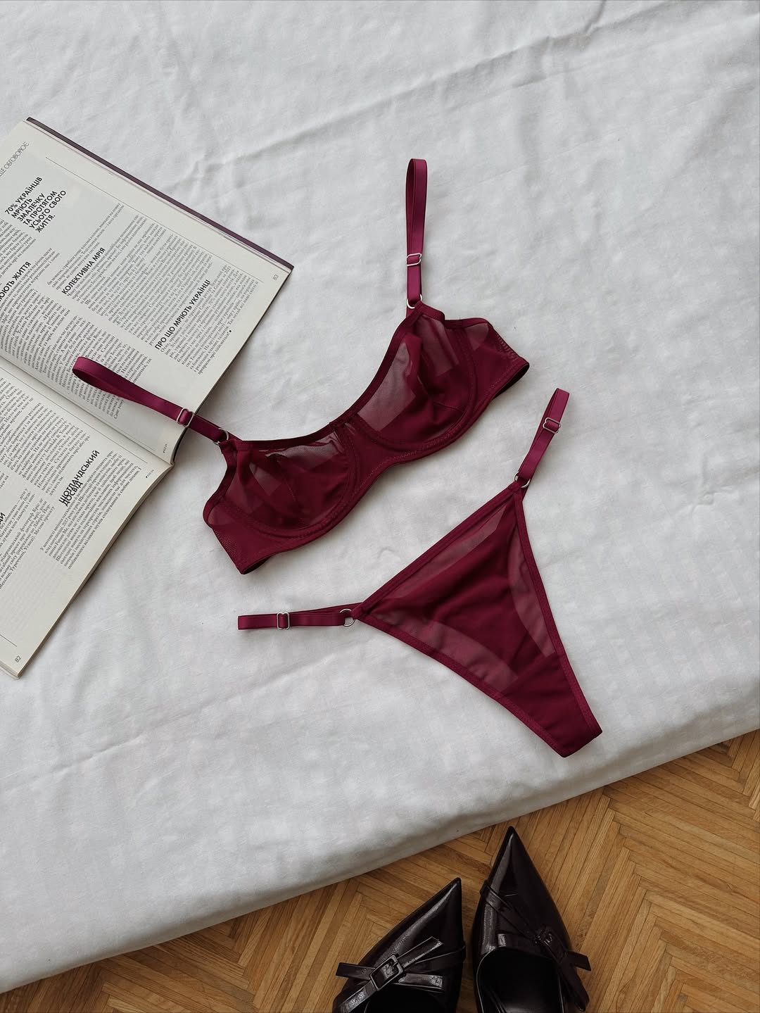 Şeffaf Tül Basic Sütyen Takım | Minimal Tasarım 2'li Set: Sütyen + Külot Bordo