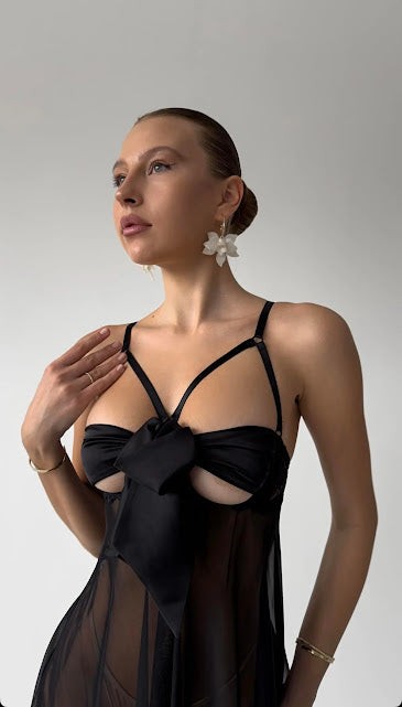 Kurdele Detaylı Transparan Babydoll Gecelik | Siyah & Kırmızı Renk Seçenekli - Seksi ve Şık