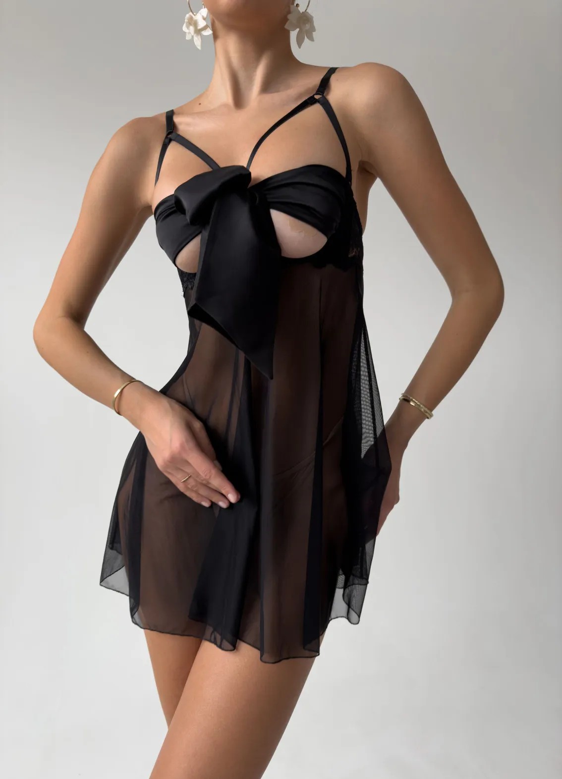 Kurdele Detaylı Transparan Babydoll Gecelik | Siyah & Kırmızı Renk Seçenekli - Seksi ve Şık