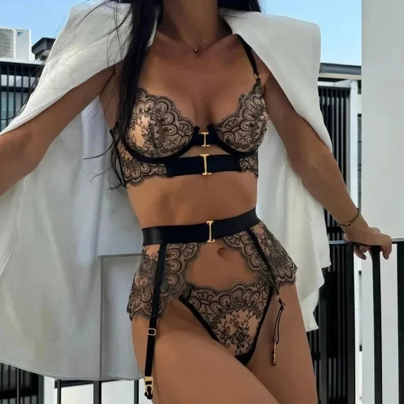 Dantel İşlemeli 3'lü Seksi Jartiyer Seti  | Sütyen + Külot + Kemer - İç Giyim Seti 