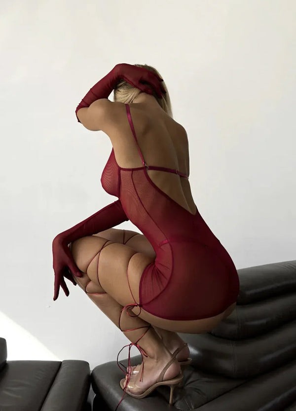 Liona Transparan Vücuda Oturan File Babydoll | Bacak Bağlamalı, İnce Askılı