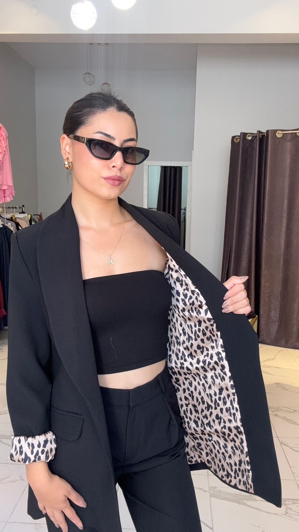 Leopar astarlı siyah blazer ceket 