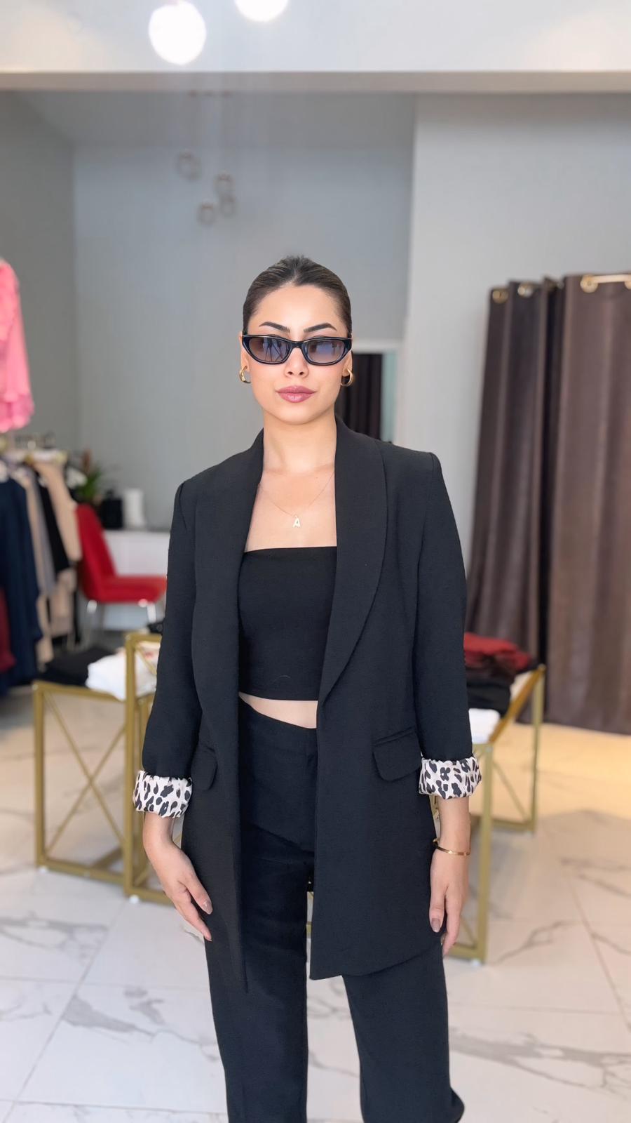 Leopar astarlı siyah blazer ceket 