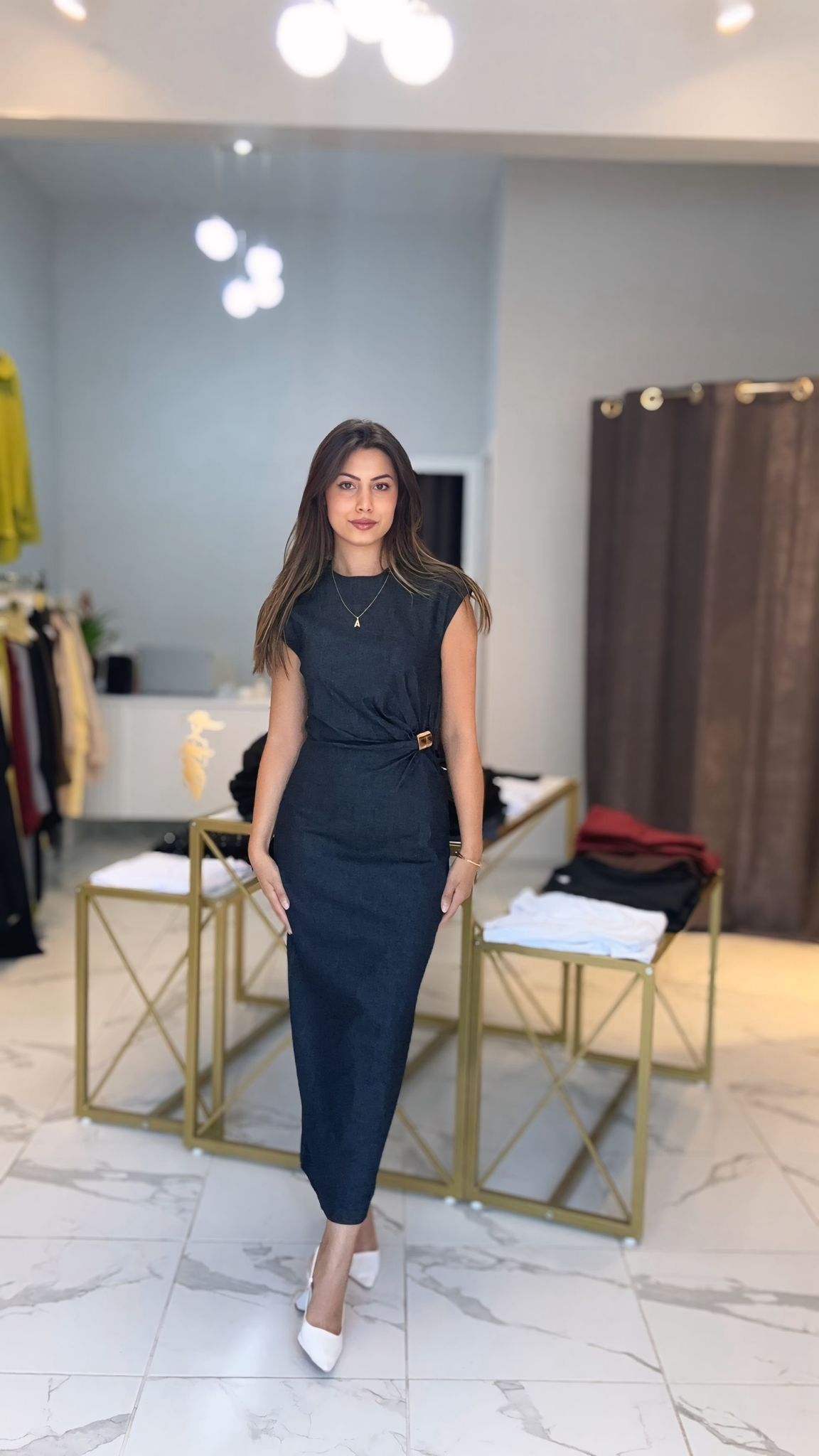 Denim gold detaylı elbise 