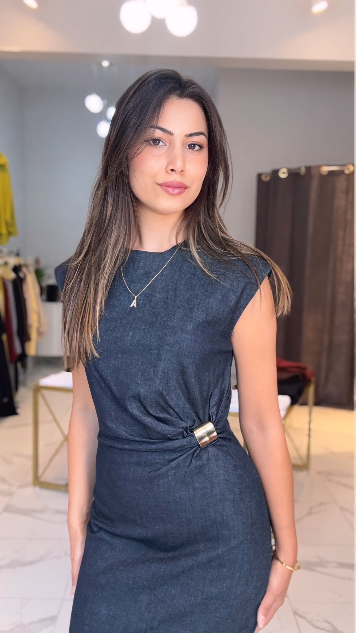 Denim gold detaylı elbise 