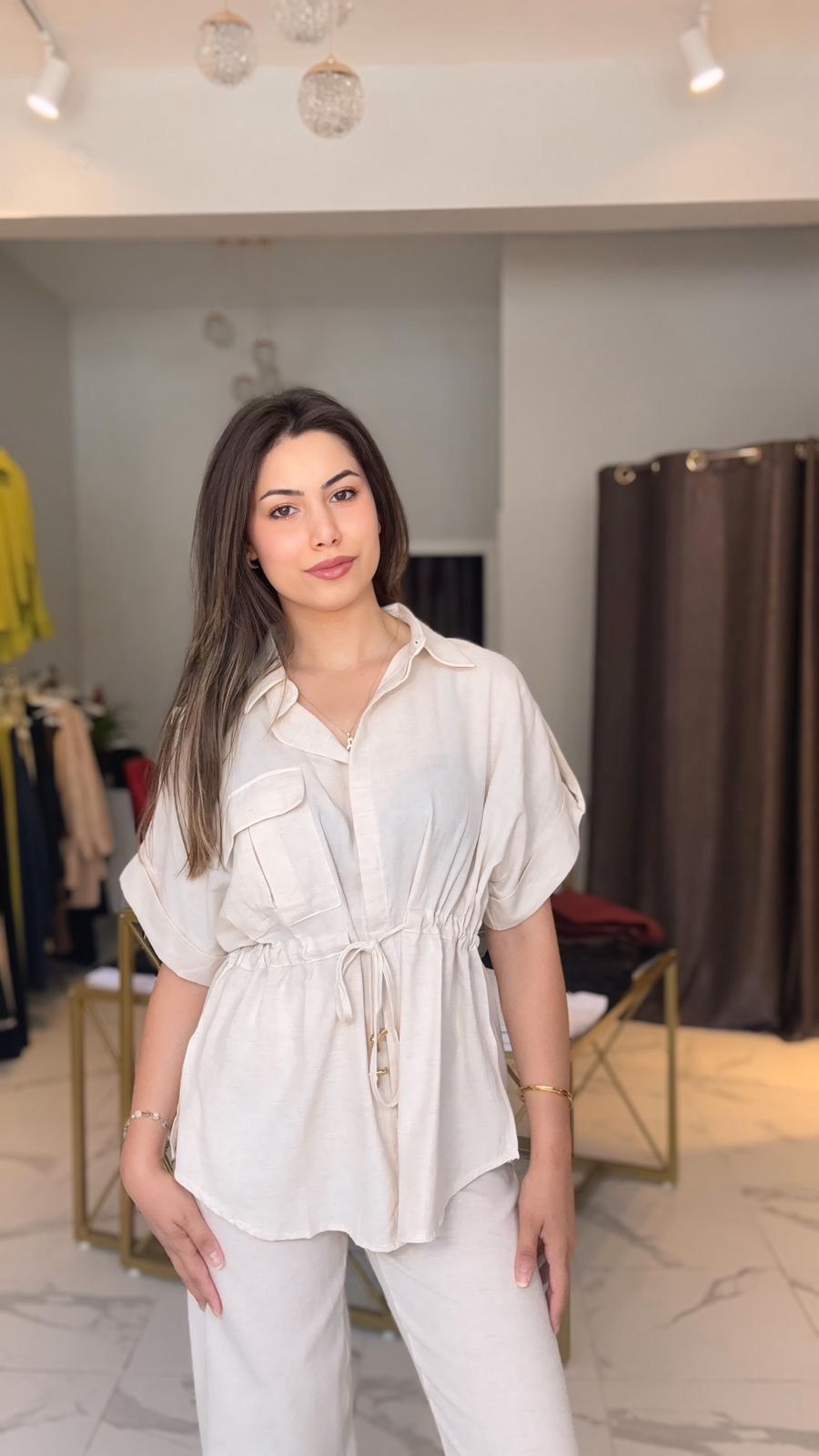 Bej belden bağlamalı keten takım 