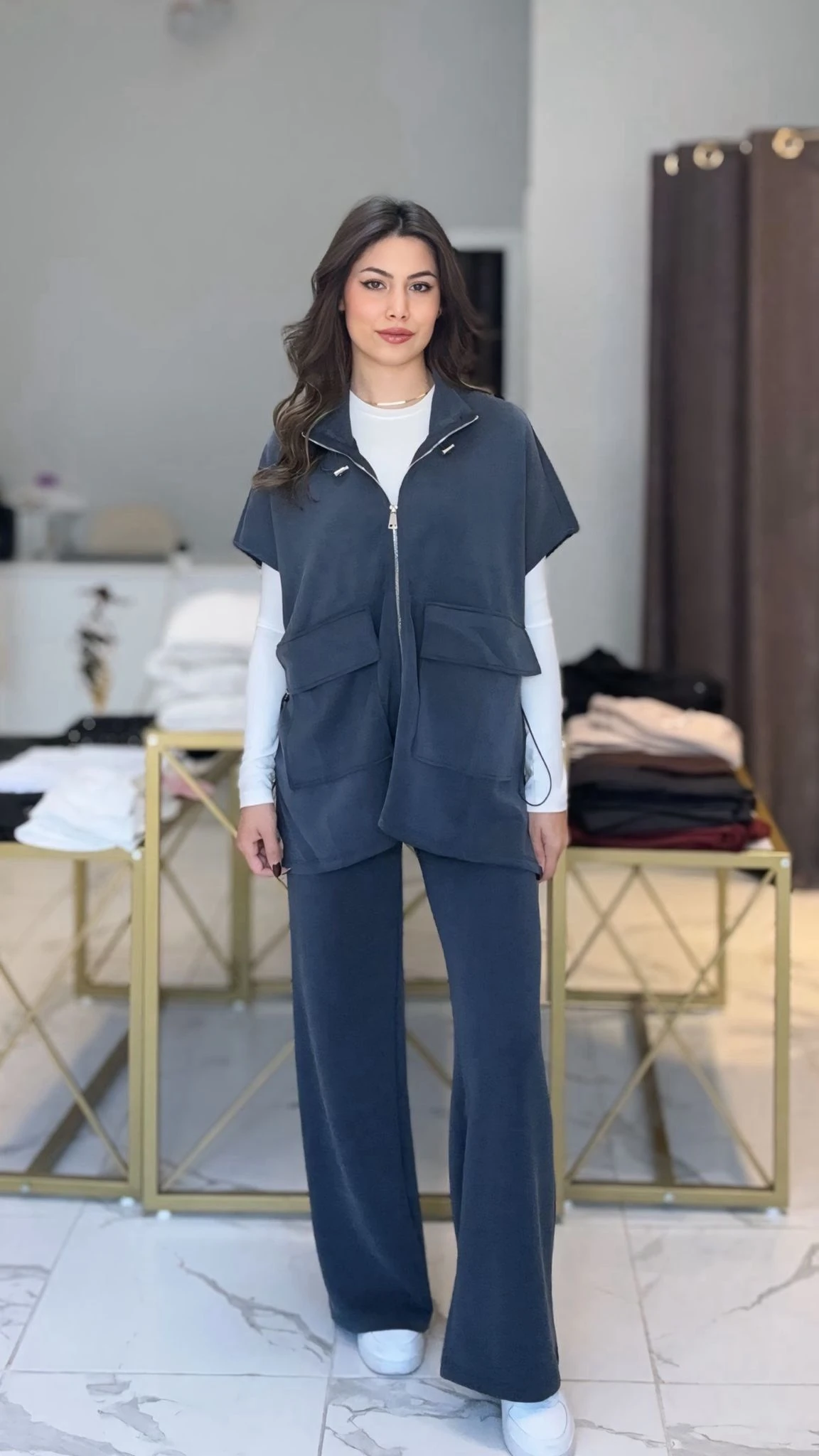 Antrasit modal kumaş yelekli takım 