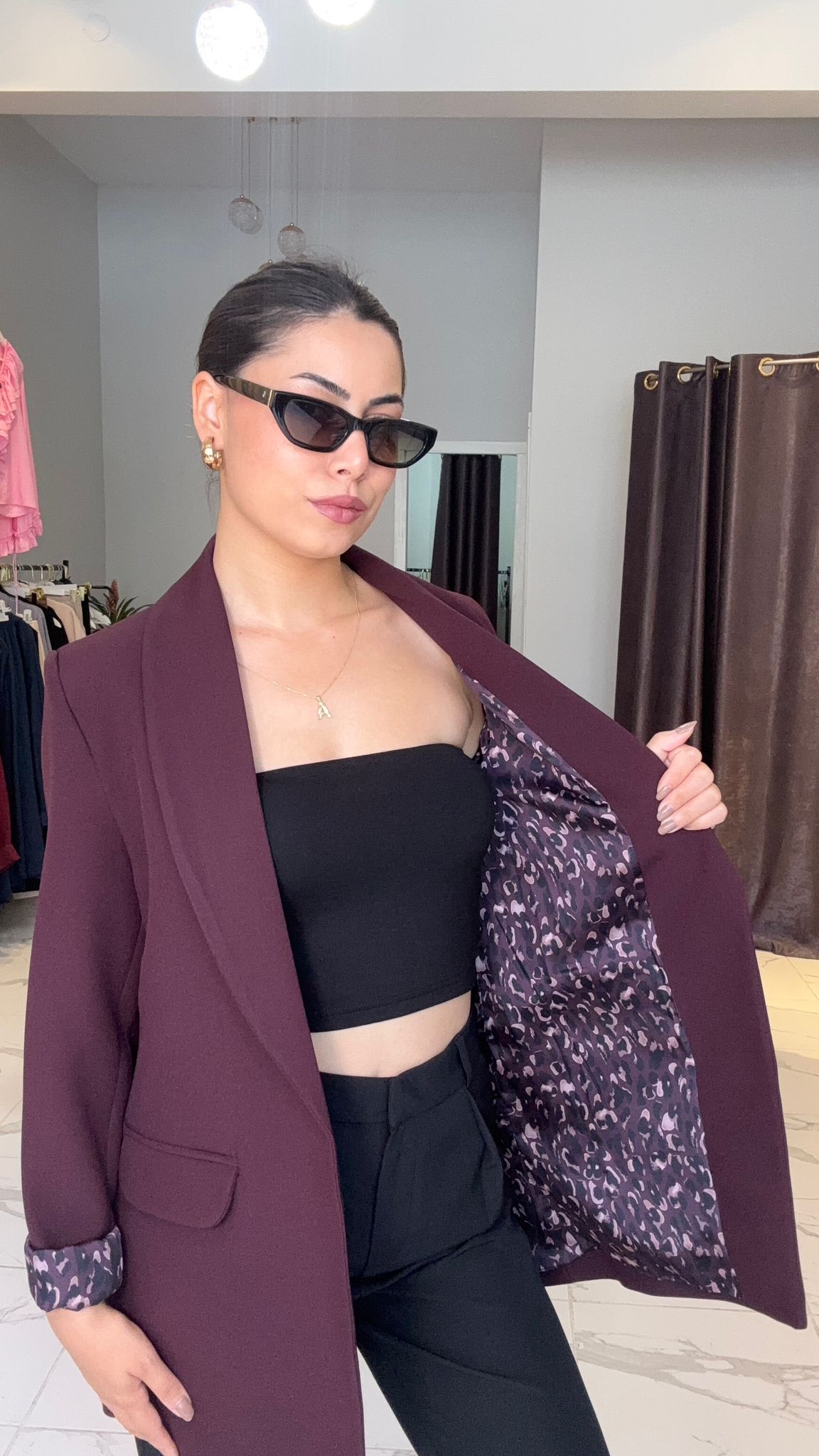 Leopar astarlı bordo blazer ceket 