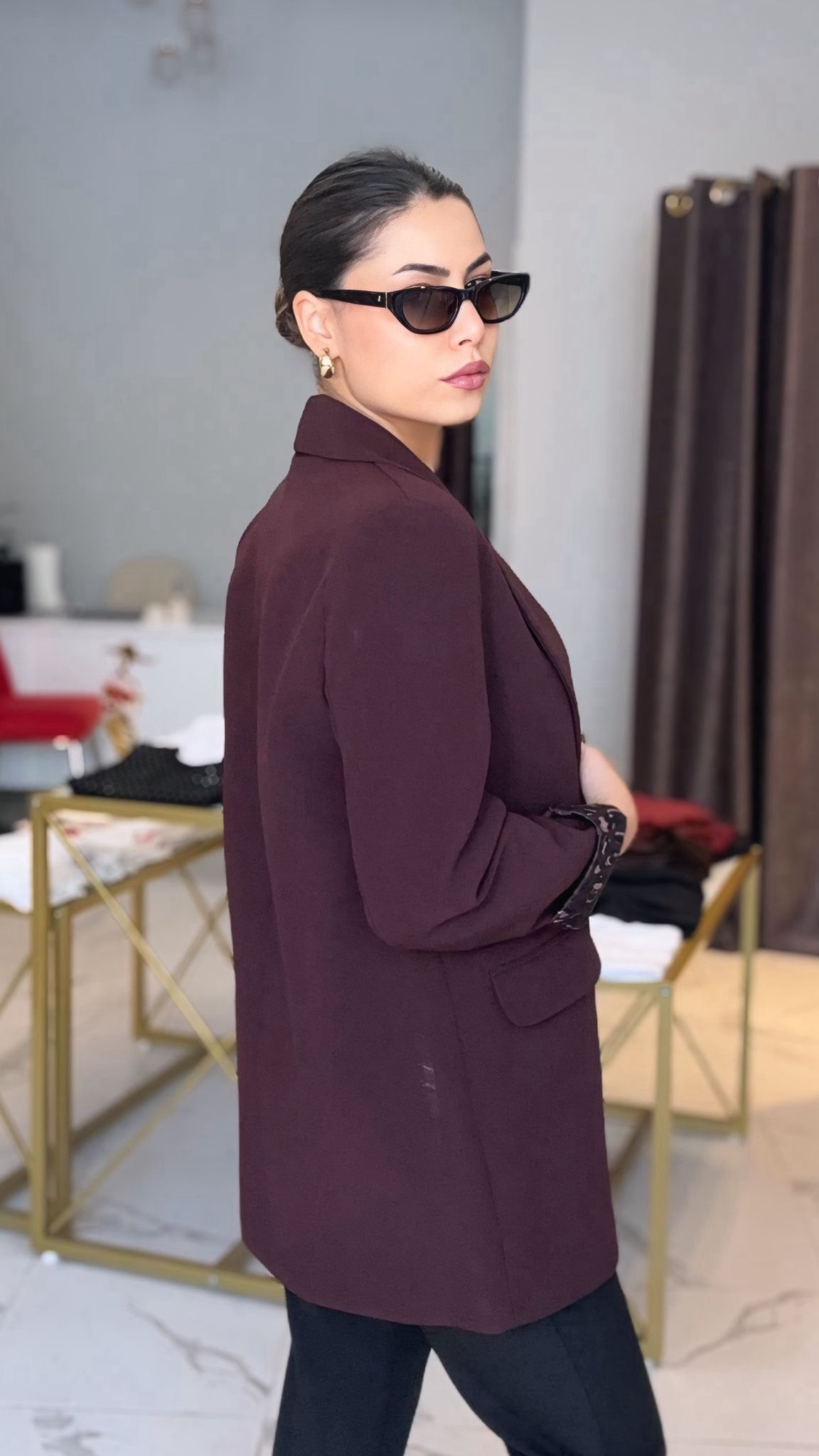 Leopar astarlı bordo blazer ceket 