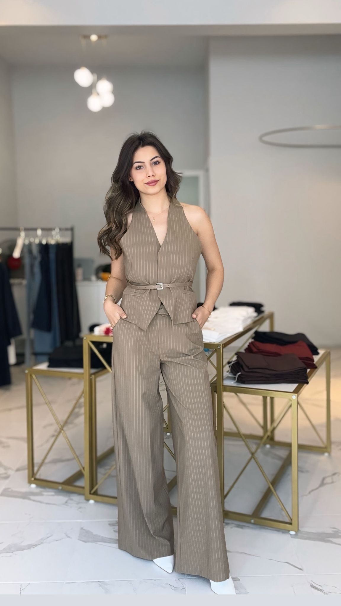 Kahve kemerli palazzo yelek takım 