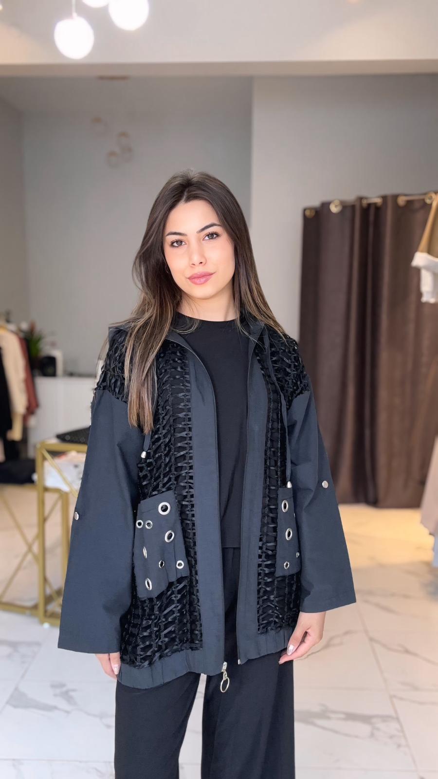 File ceketli üçlü siyah takım 