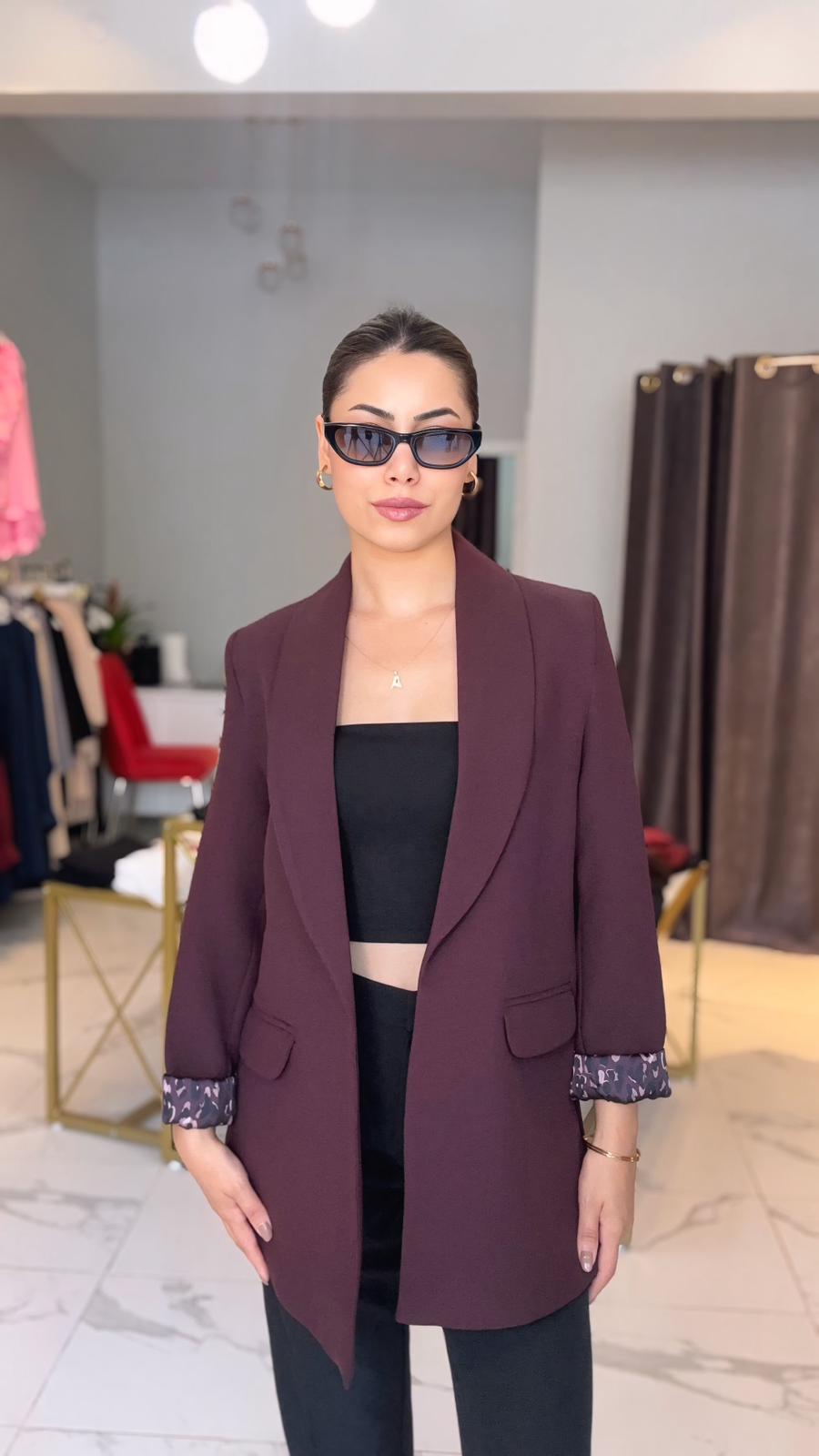 Leopar astarlı bordo blazer ceket 
