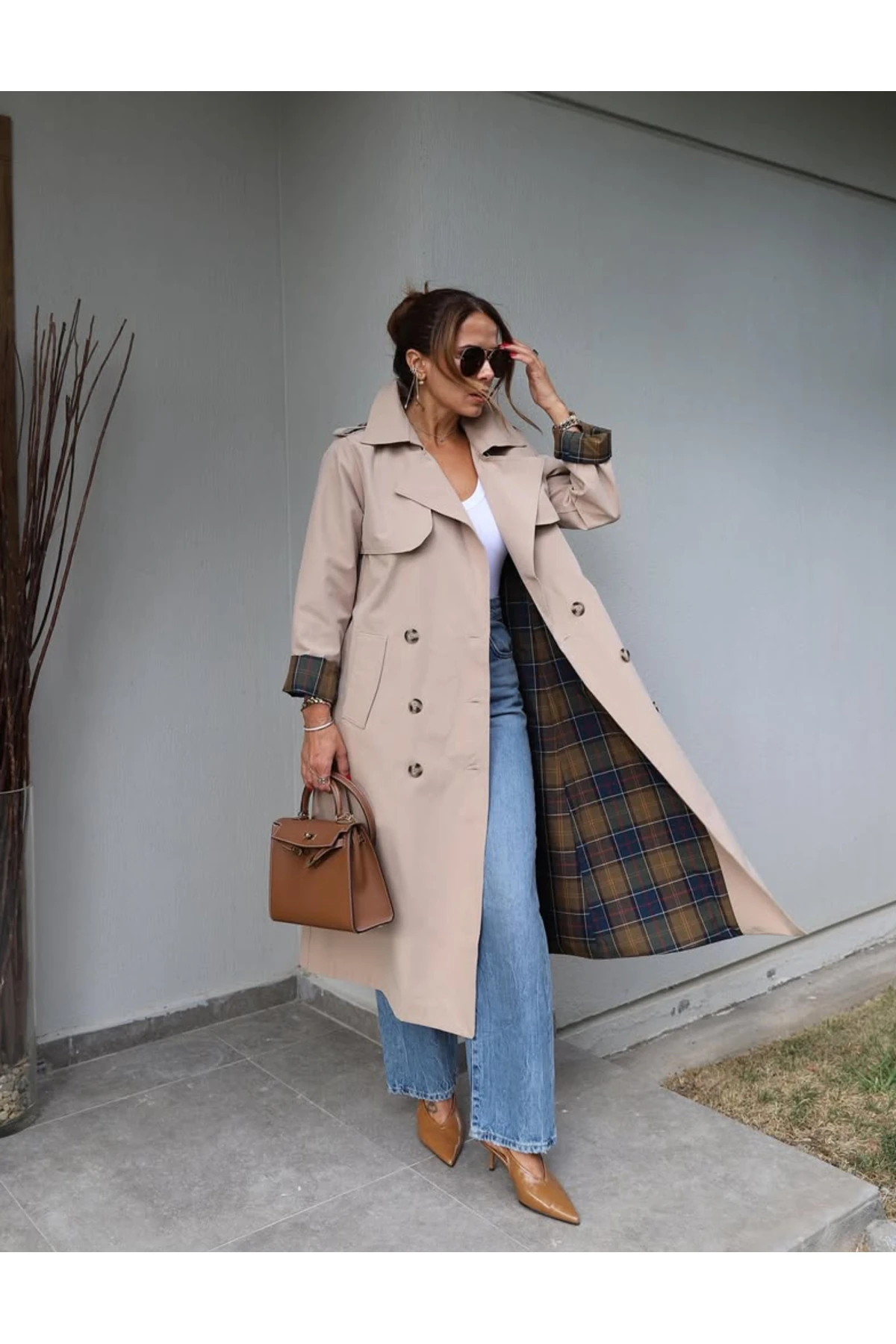 Kadın İçi Ekose Desenli Trençkot