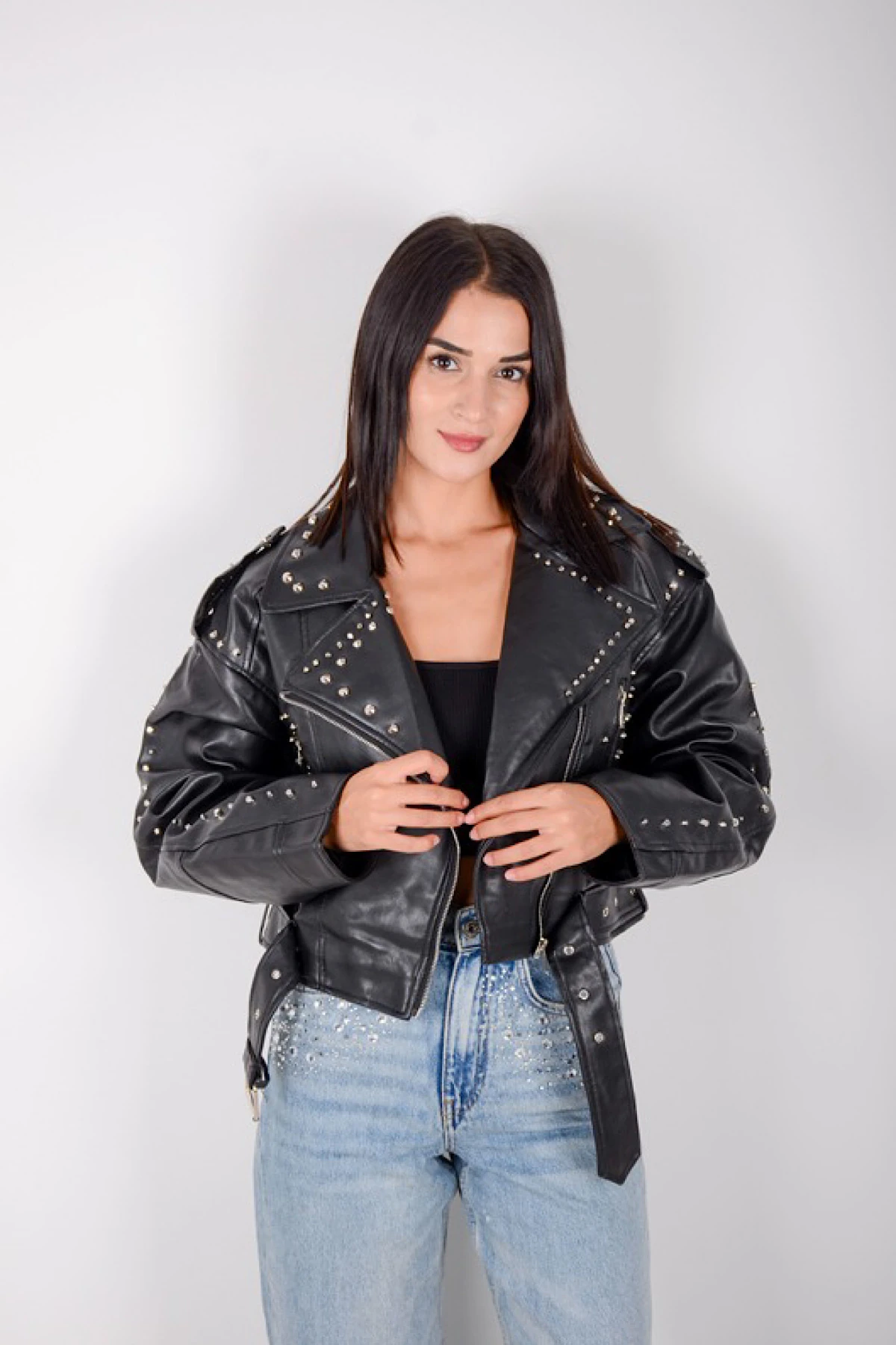 Zımba Detaylı İthal Deri Ceket