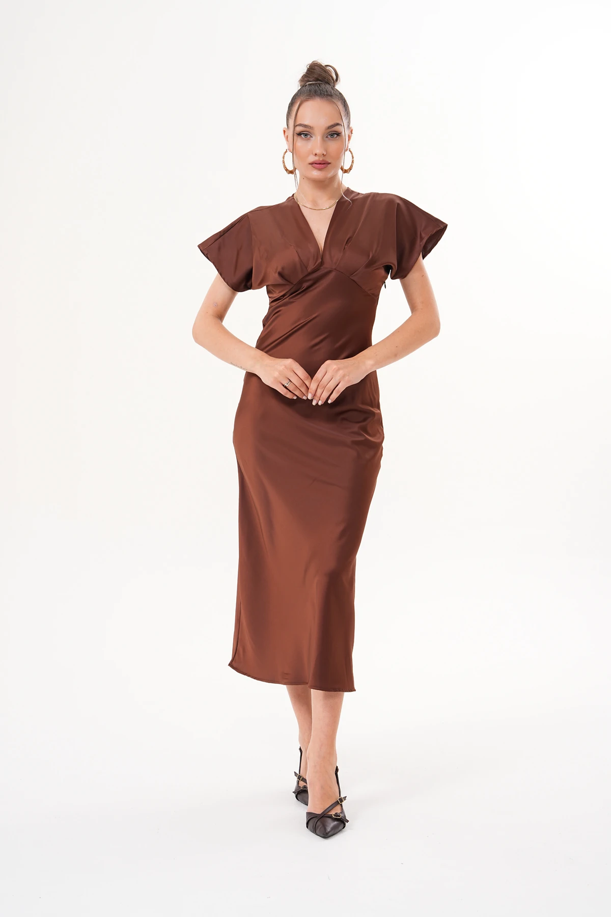 Kadın Saten V Yaka Midi Elbise