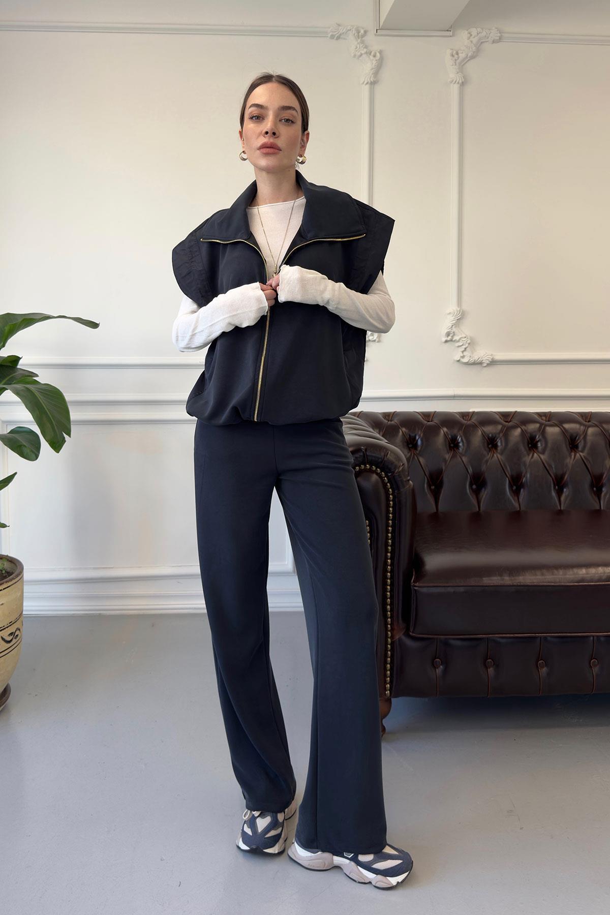 Kadın Garnili Yelekli Fermuarlı Cepli Modal Takım