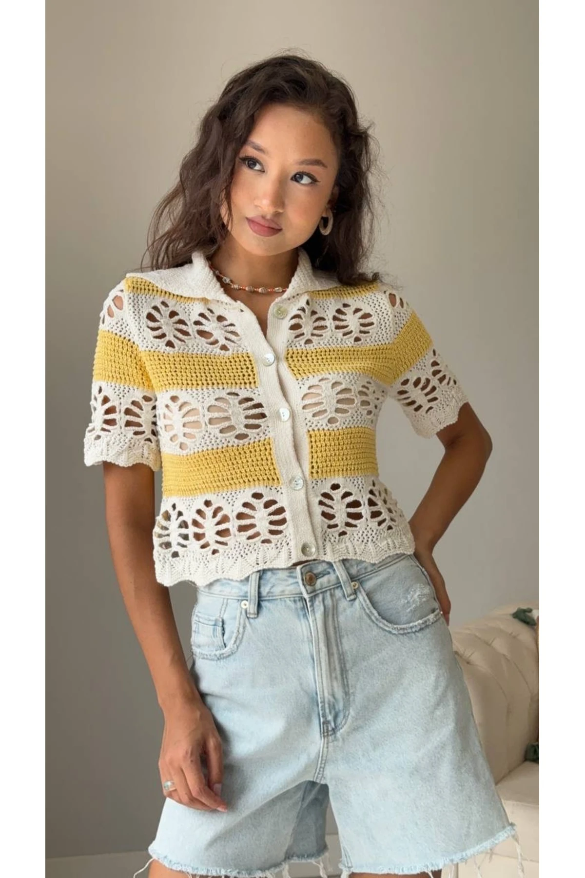 Kadın Triko Düğme Detaylı Kısa Kollu Bluz