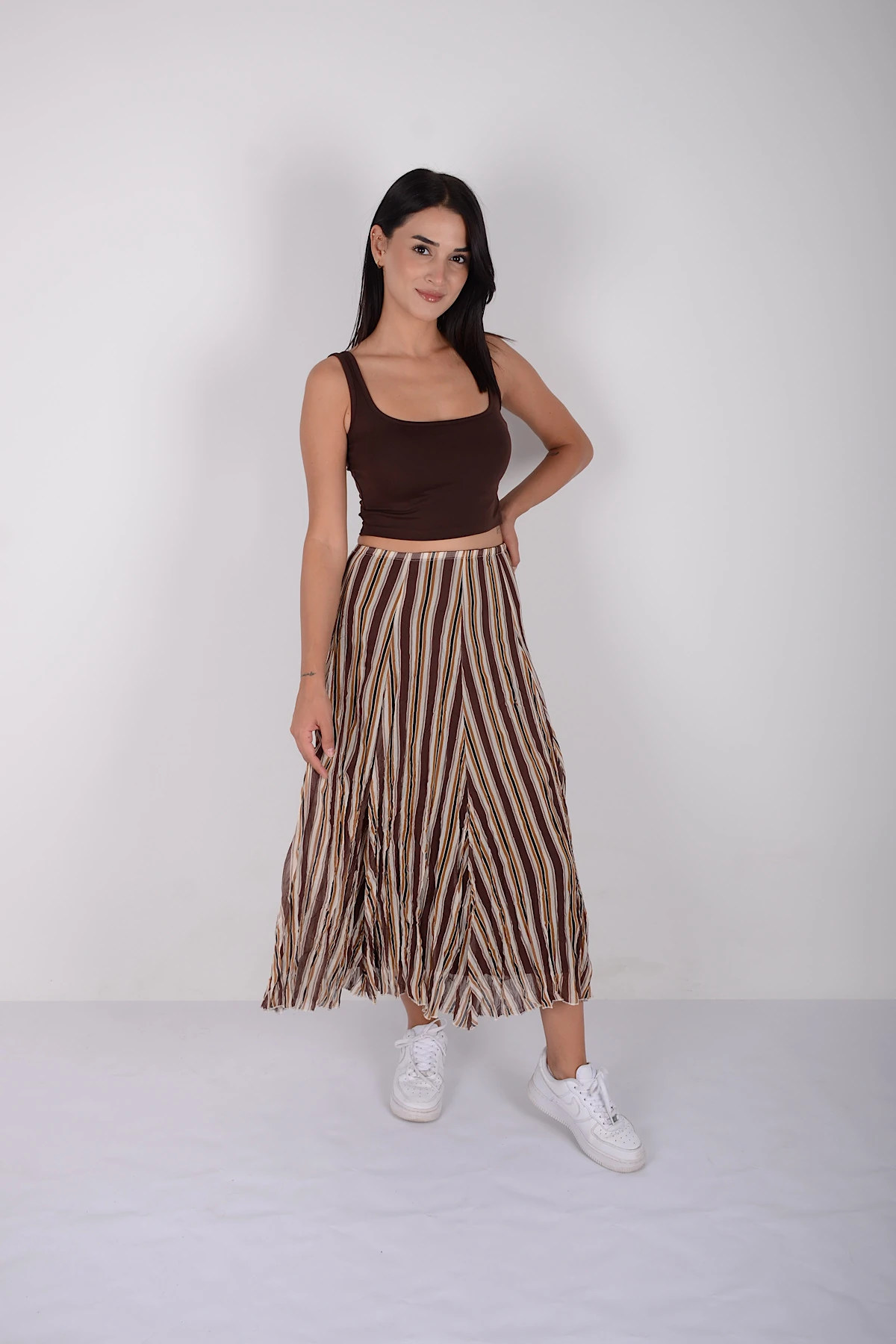 Dik Çizgili Yeni Sezon Kırışık Şifon Astarlı Etek