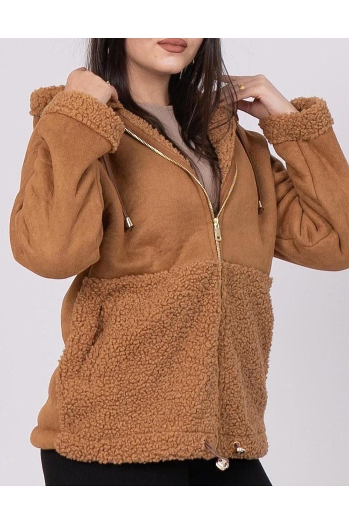 Süet Peluş Karışımlı Kapişonlu Ceket