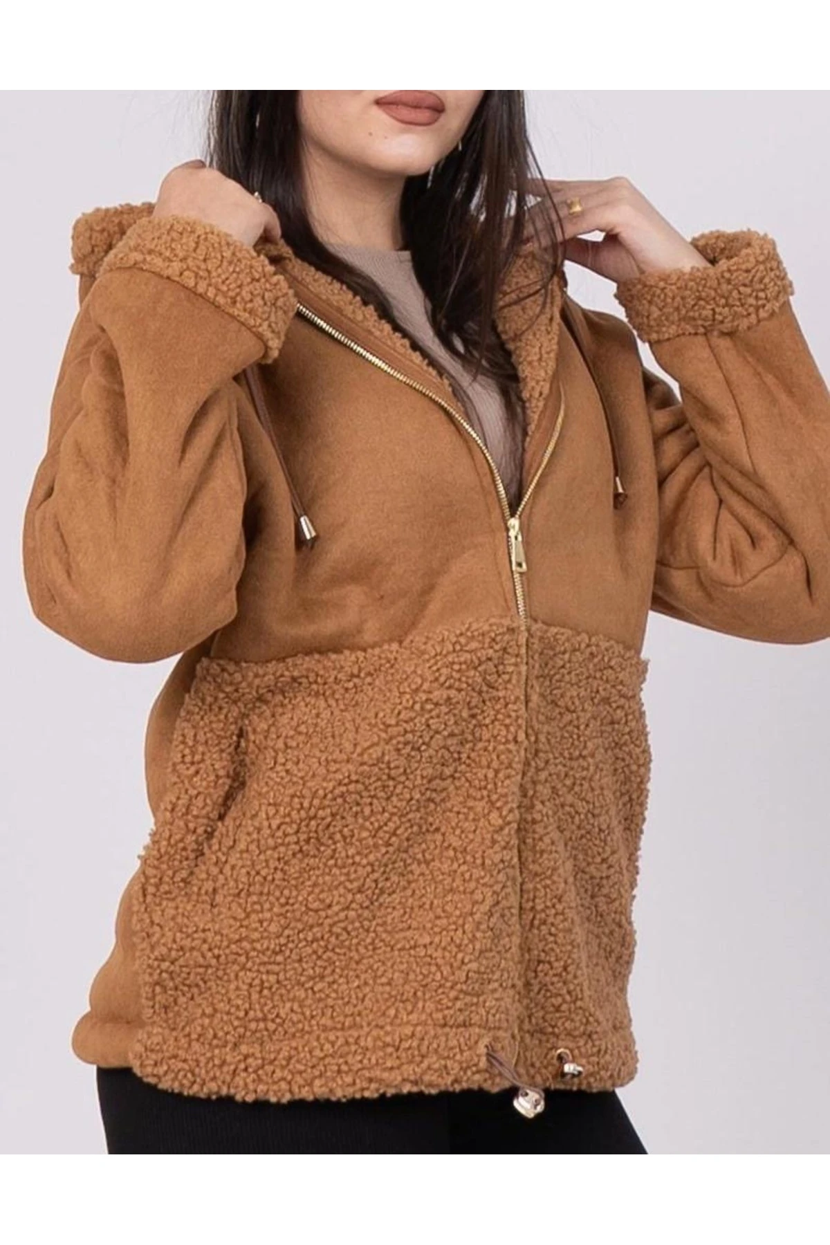 Süet Peluş Karışımlı Kapişonlu Fermuarlı İçi peluş Ceket