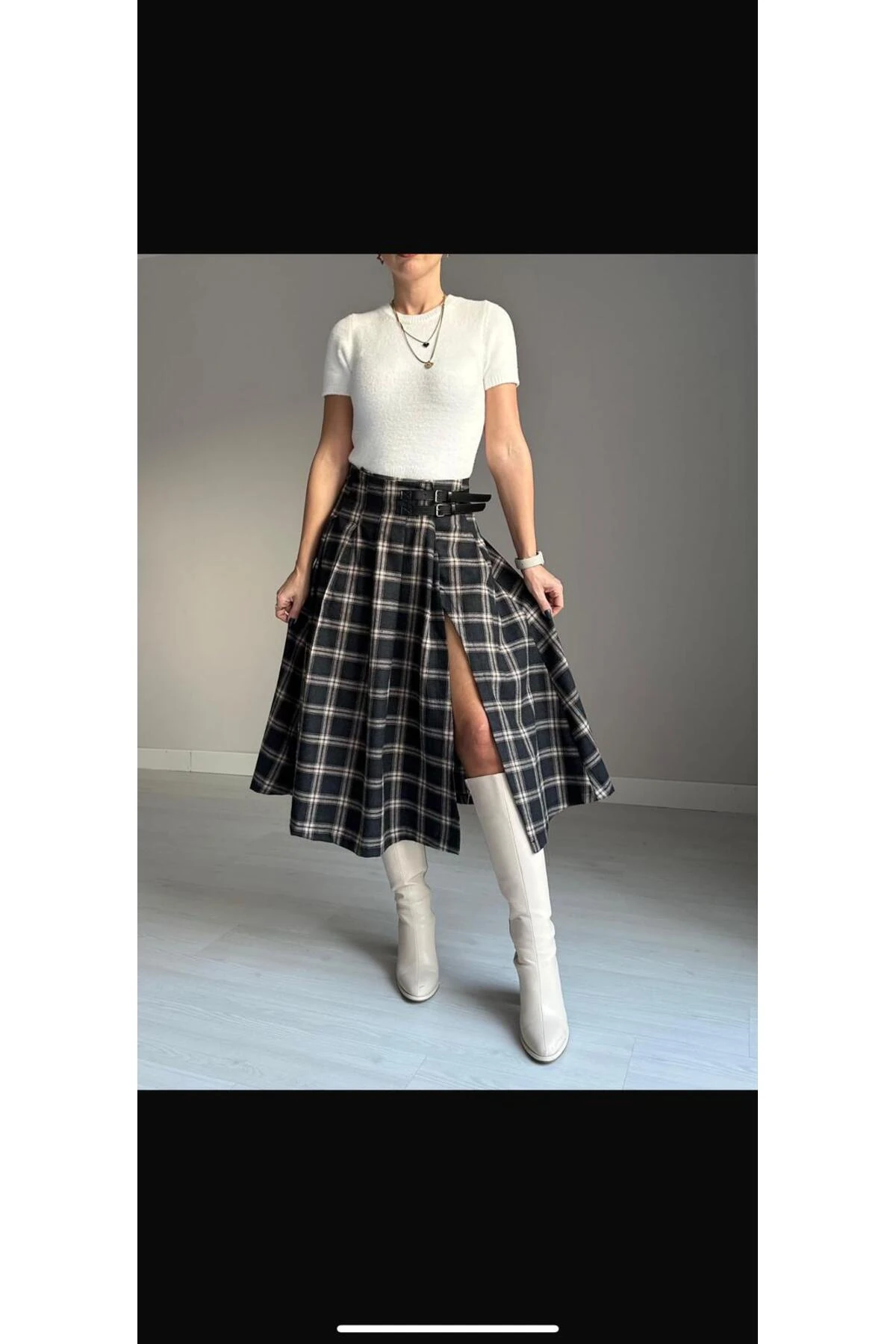 Kadın Kemer Detaylı Yırtmaçlı Ekose Etek