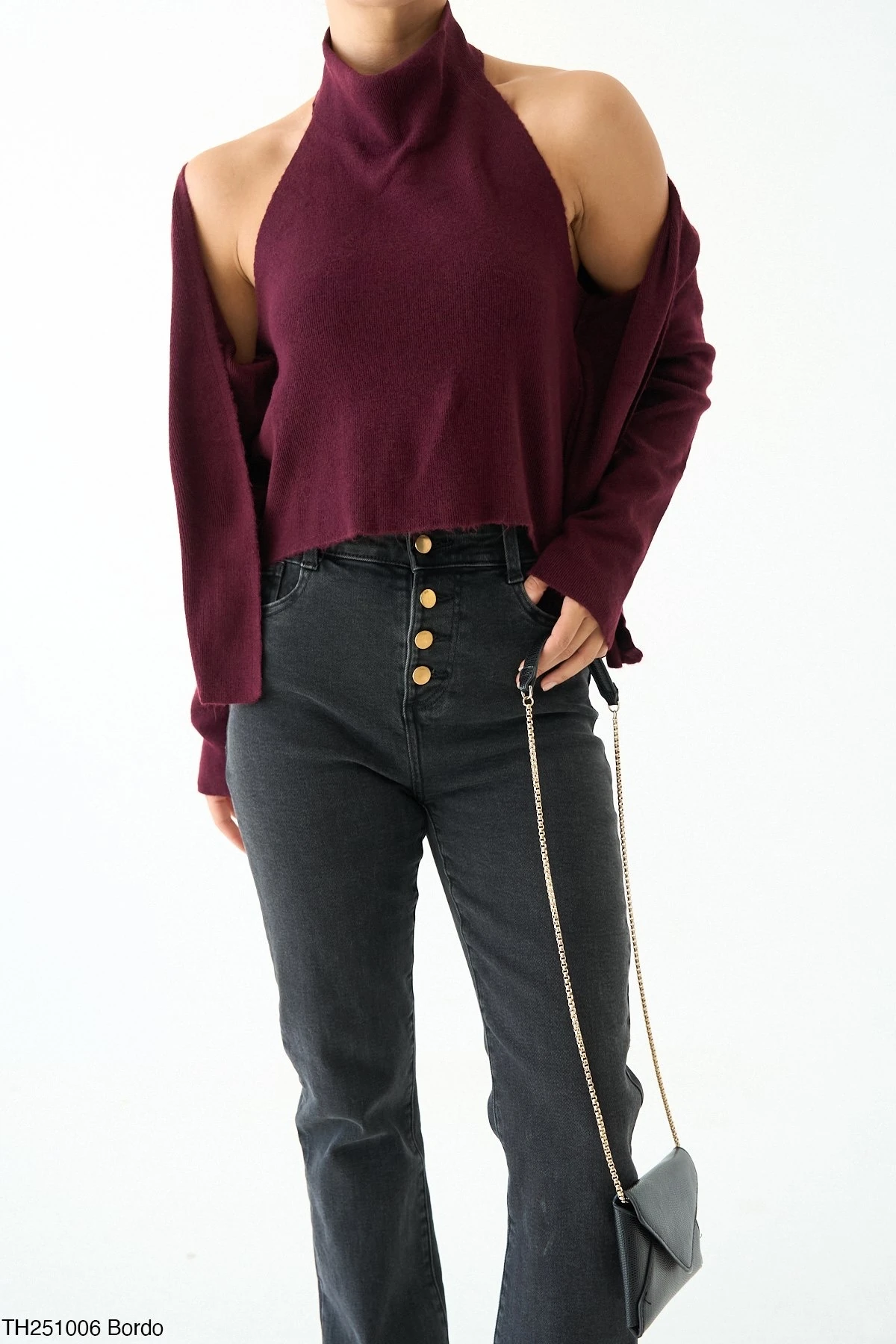 Kadın Boğazlı Yaka Bluz Hırka Pamuklu İkili Set