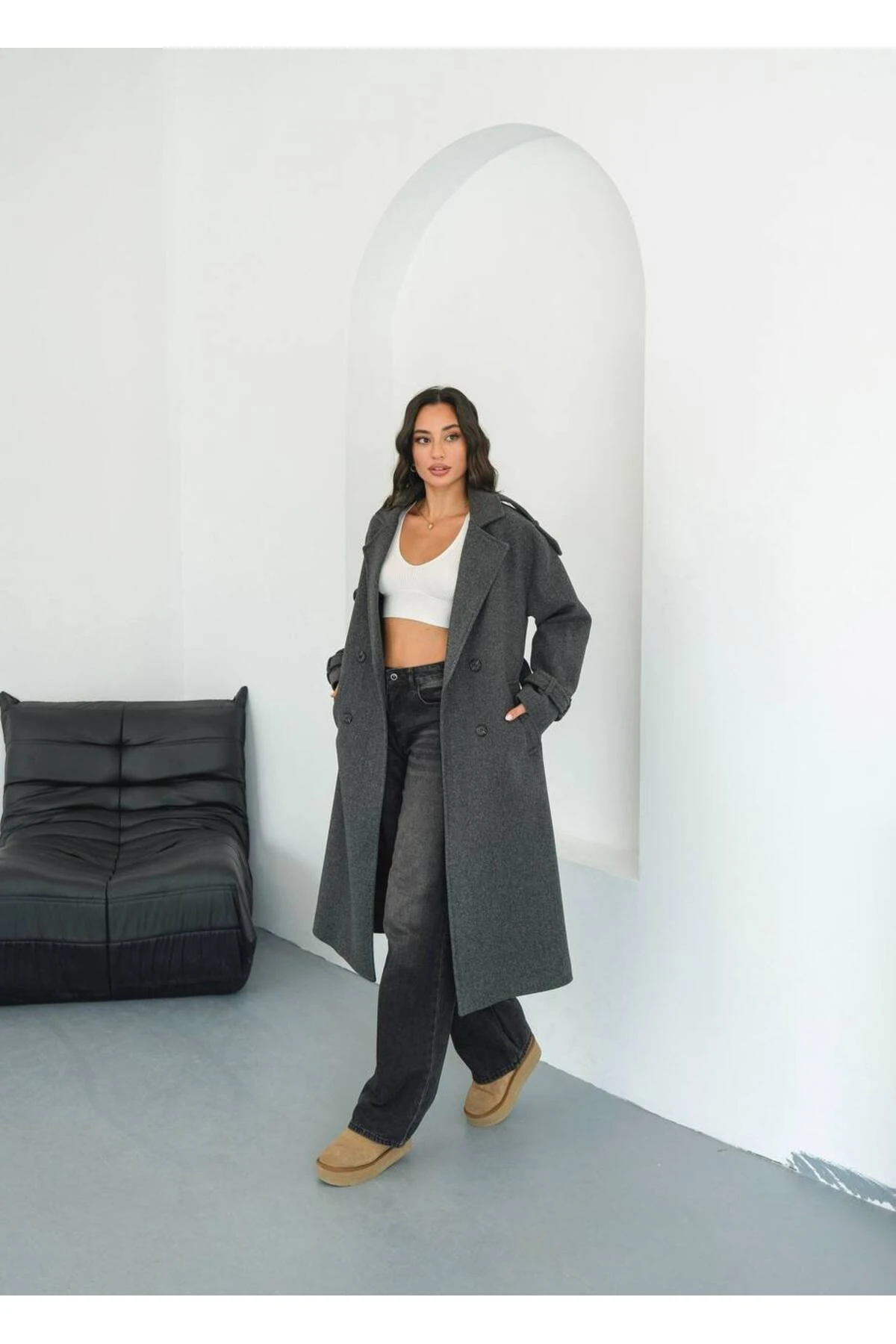 Kadın Premum Kalite Bağcıklı 4Düğmeli Kaban